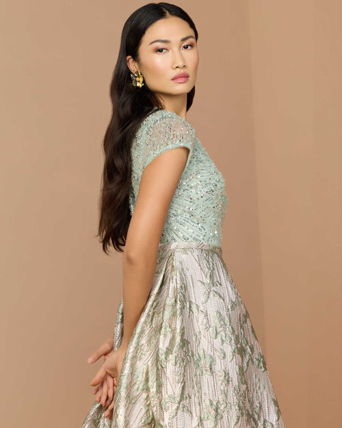 Green Sequin Cap Sleeve Brocade Ball Gown