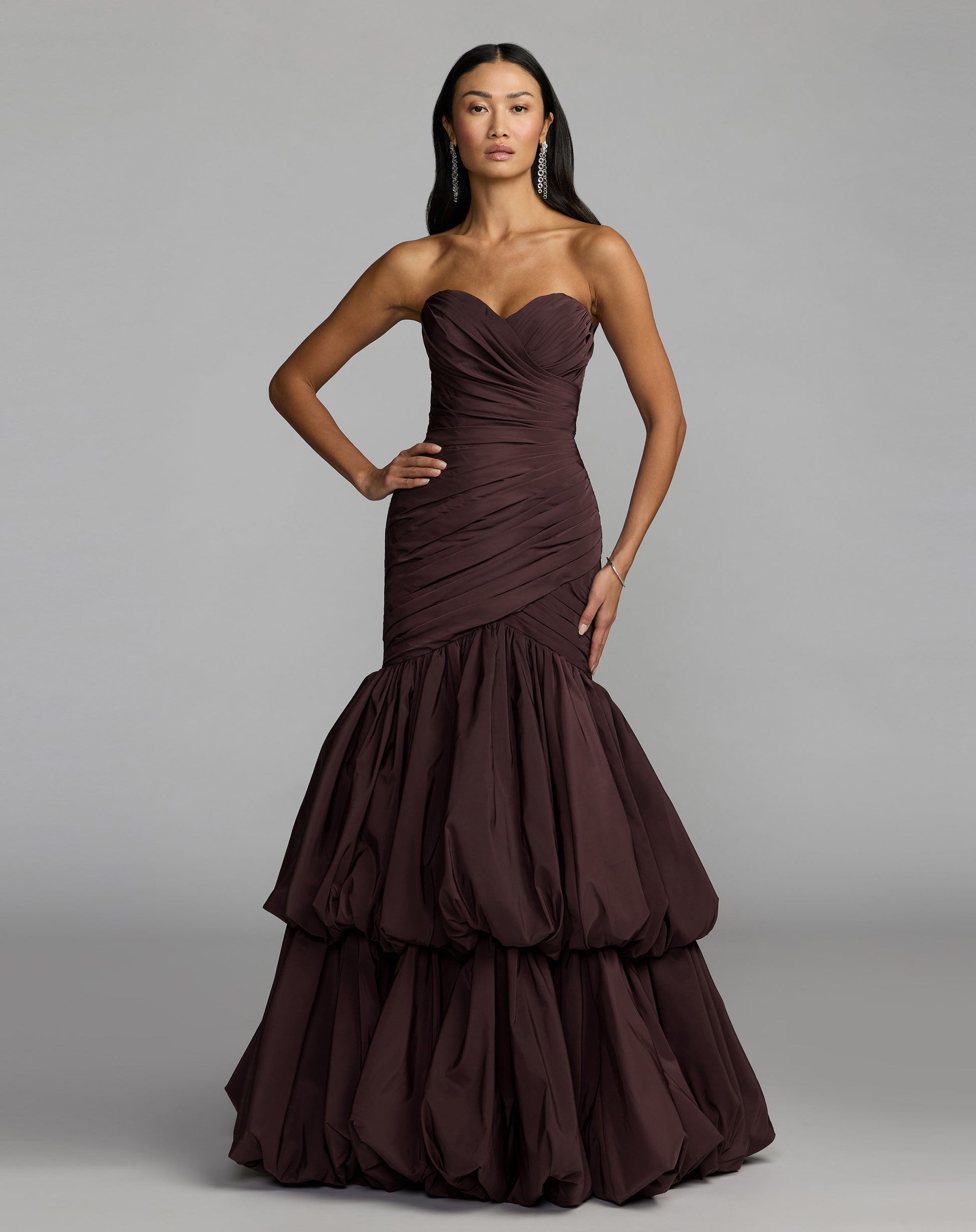 Brown Ruched Mermaid Gown with Bubble Hem Mac Duggal