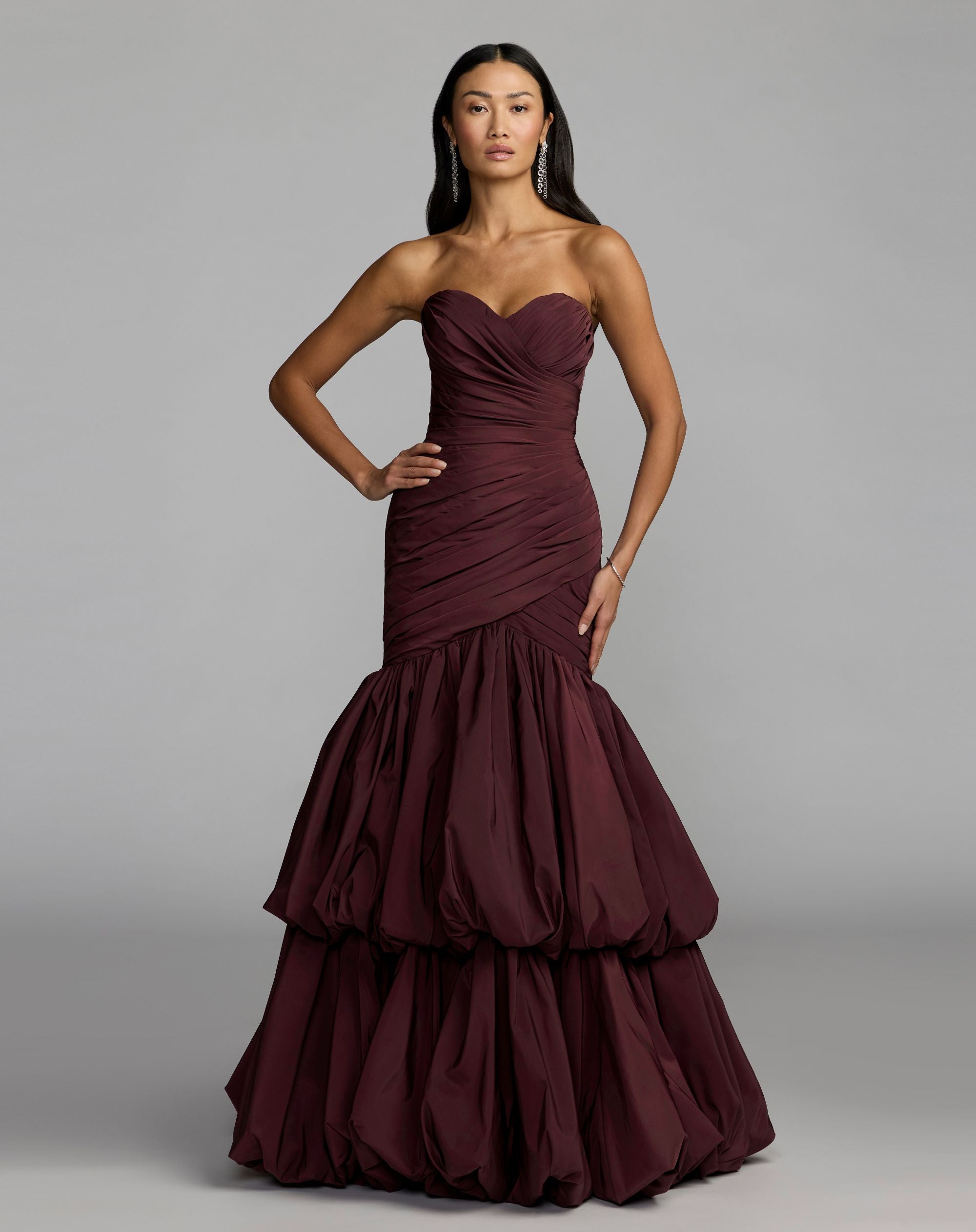Brown Ruched Mermaid Gown with Bubble Hem Mac Duggal