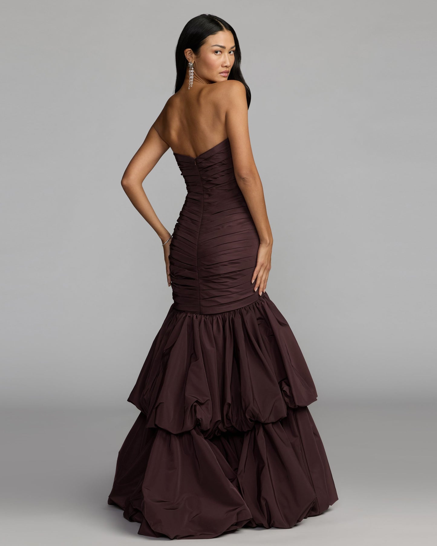 Brown Ruched Mermaid Gown with Bubble Hem Mac Duggal