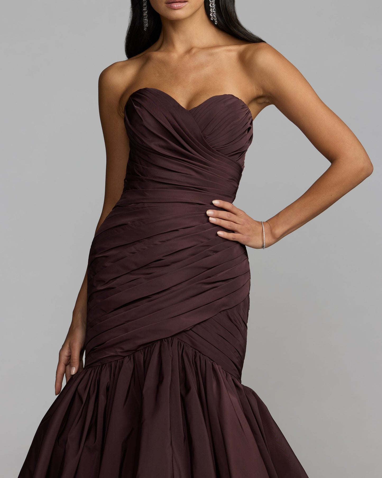 Brown Ruched Mermaid Gown with Bubble Hem Mac Duggal