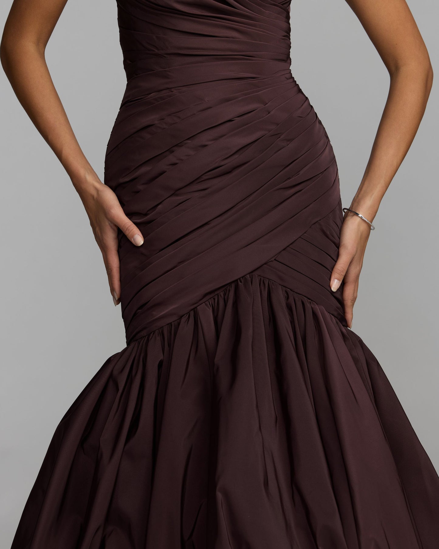 Brown Ruched Mermaid Gown with Bubble Hem Mac Duggal