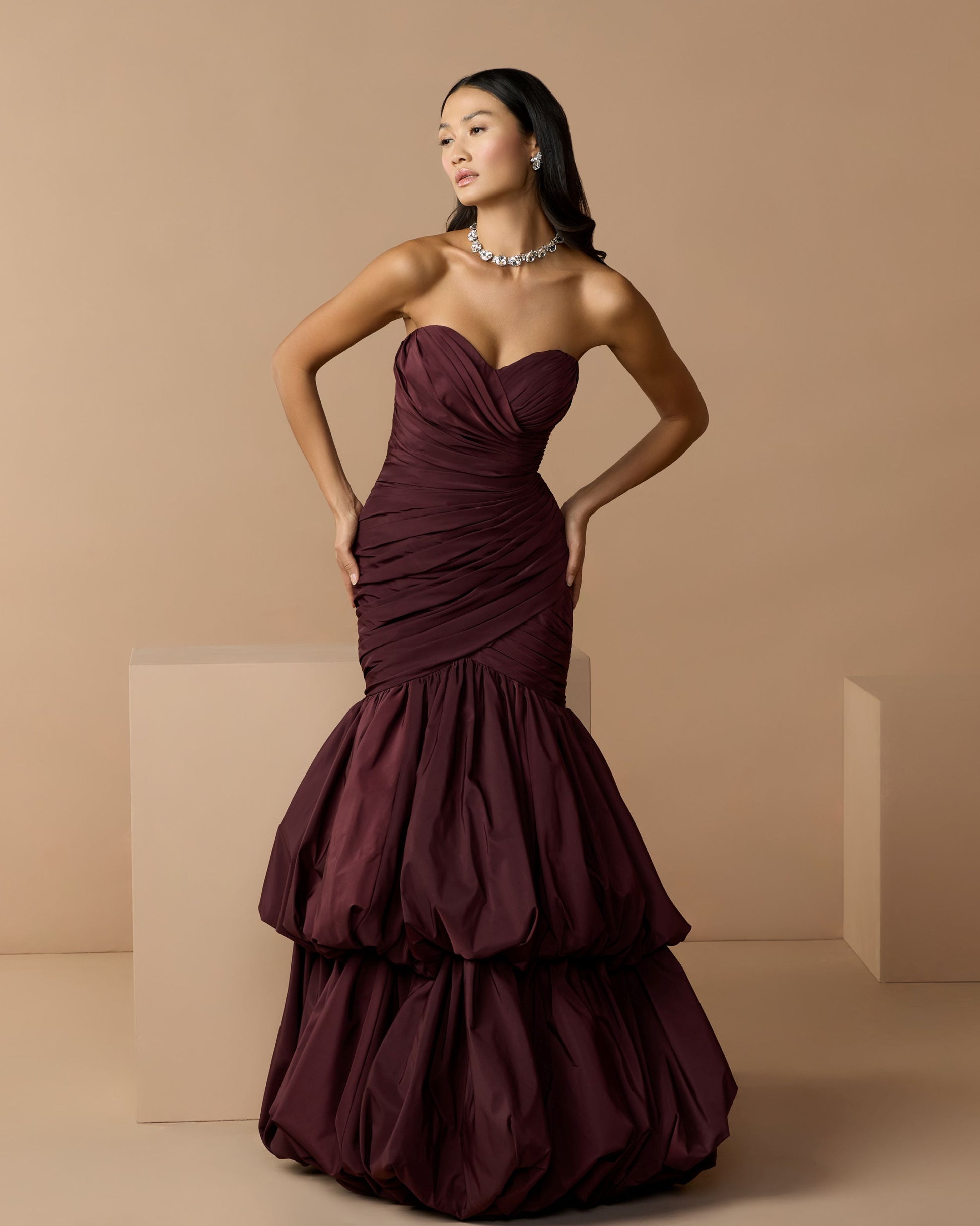 Brown Ruched Mermaid Gown with Bubble Hem Mac Duggal