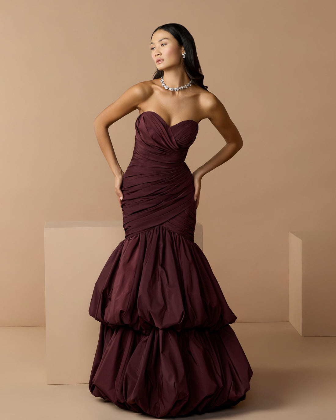 Brown Ruched Mermaid Gown with Bubble Hem Mac Duggal