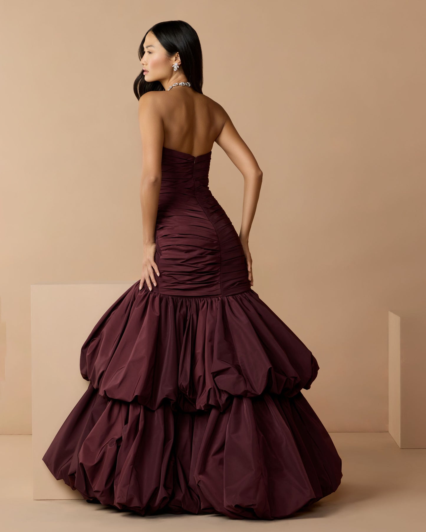 Brown Ruched Mermaid Gown with Bubble Hem Mac Duggal