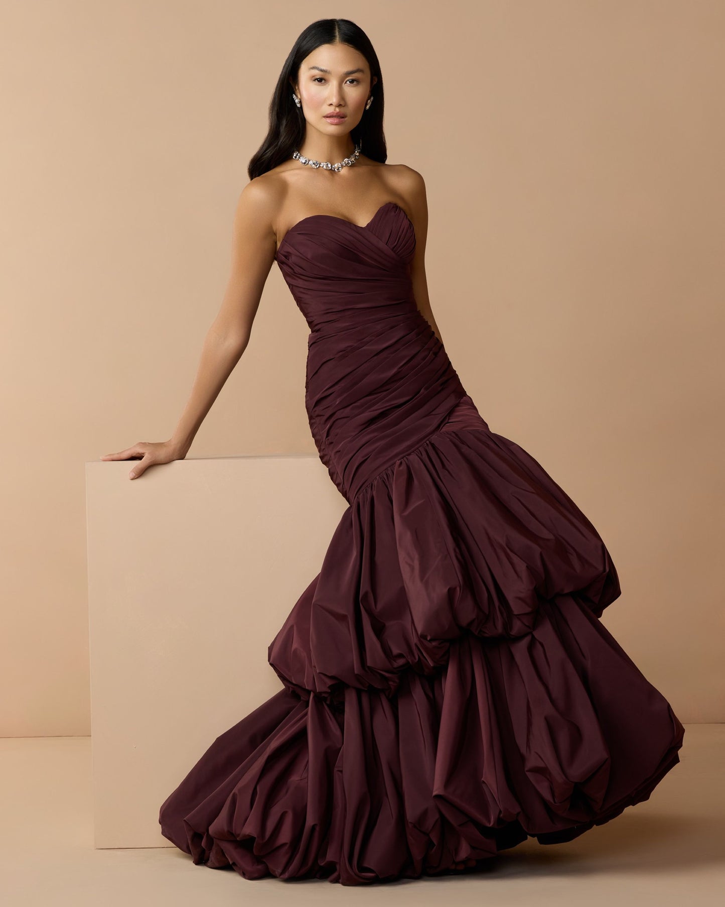 Brown Ruched Mermaid Gown with Bubble Hem Mac Duggal