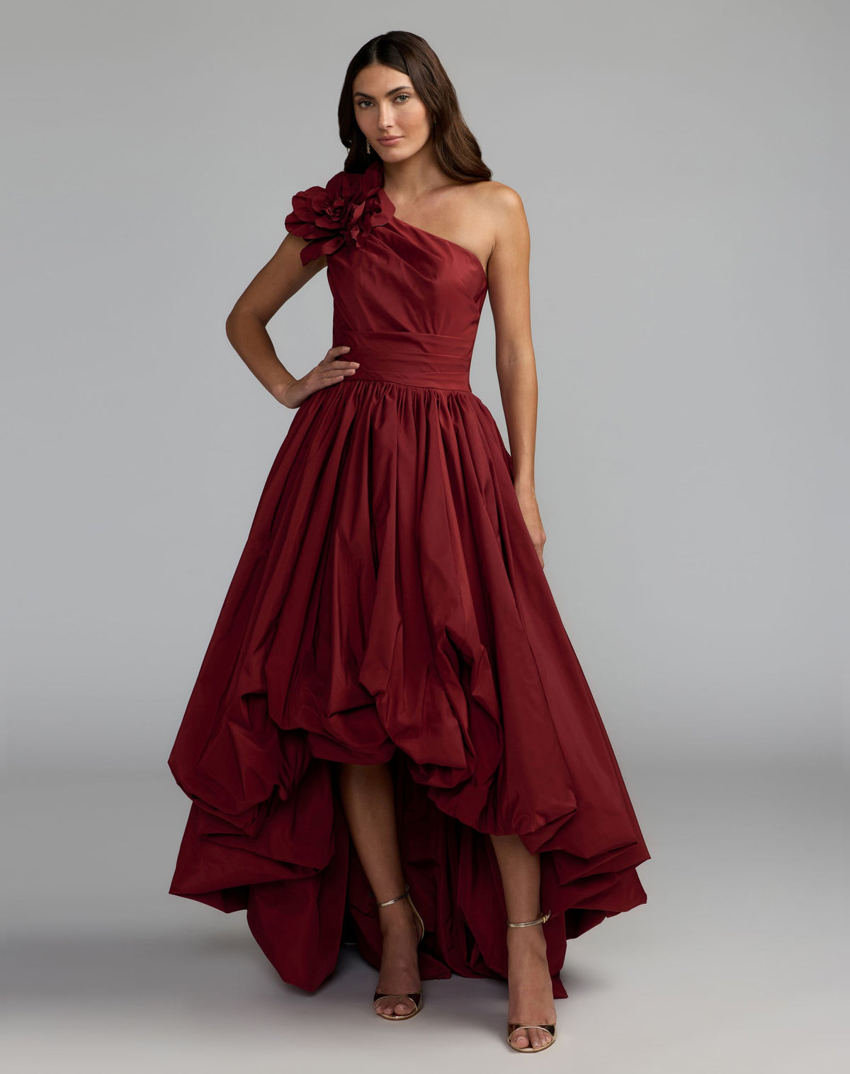 Ruby One Shoulder High Low Gown With 3D Flower - Mac Duggal