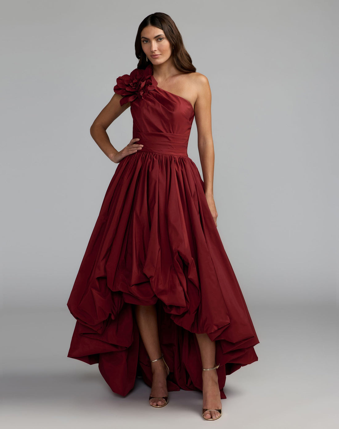 Ruby One Shoulder High Low Gown With 3D Flower - Mac Duggal