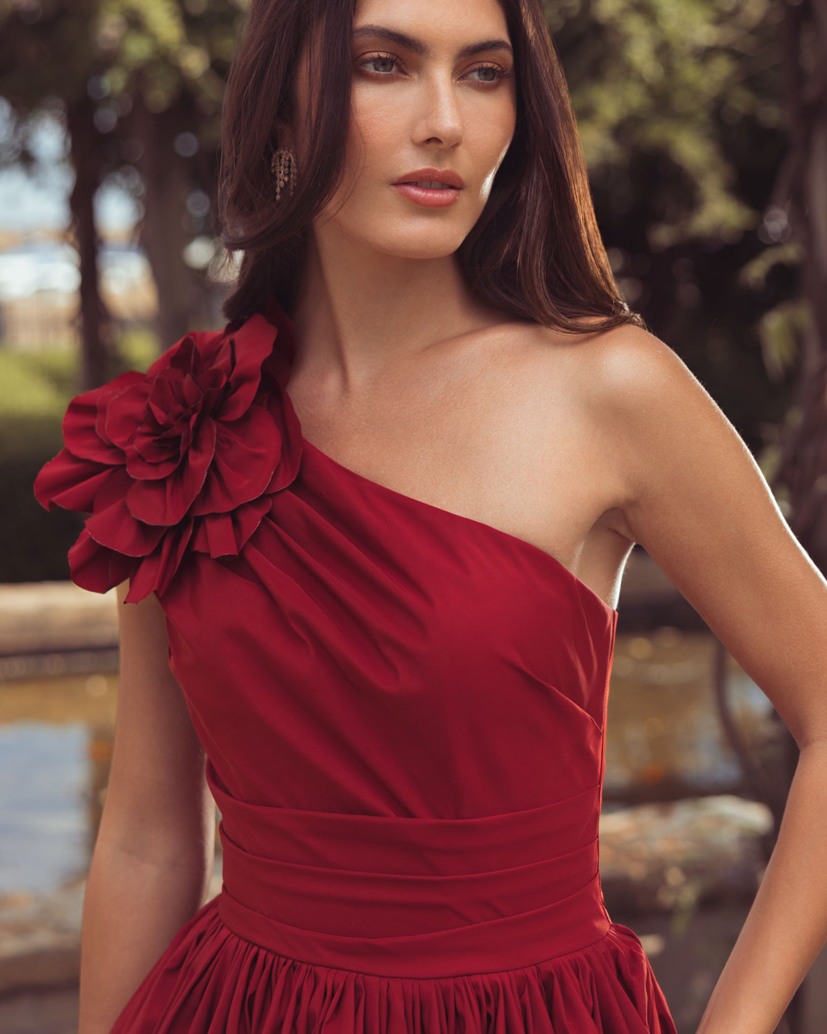 Ruby One Shoulder High Low Gown With 3D Flower - Mac Duggal