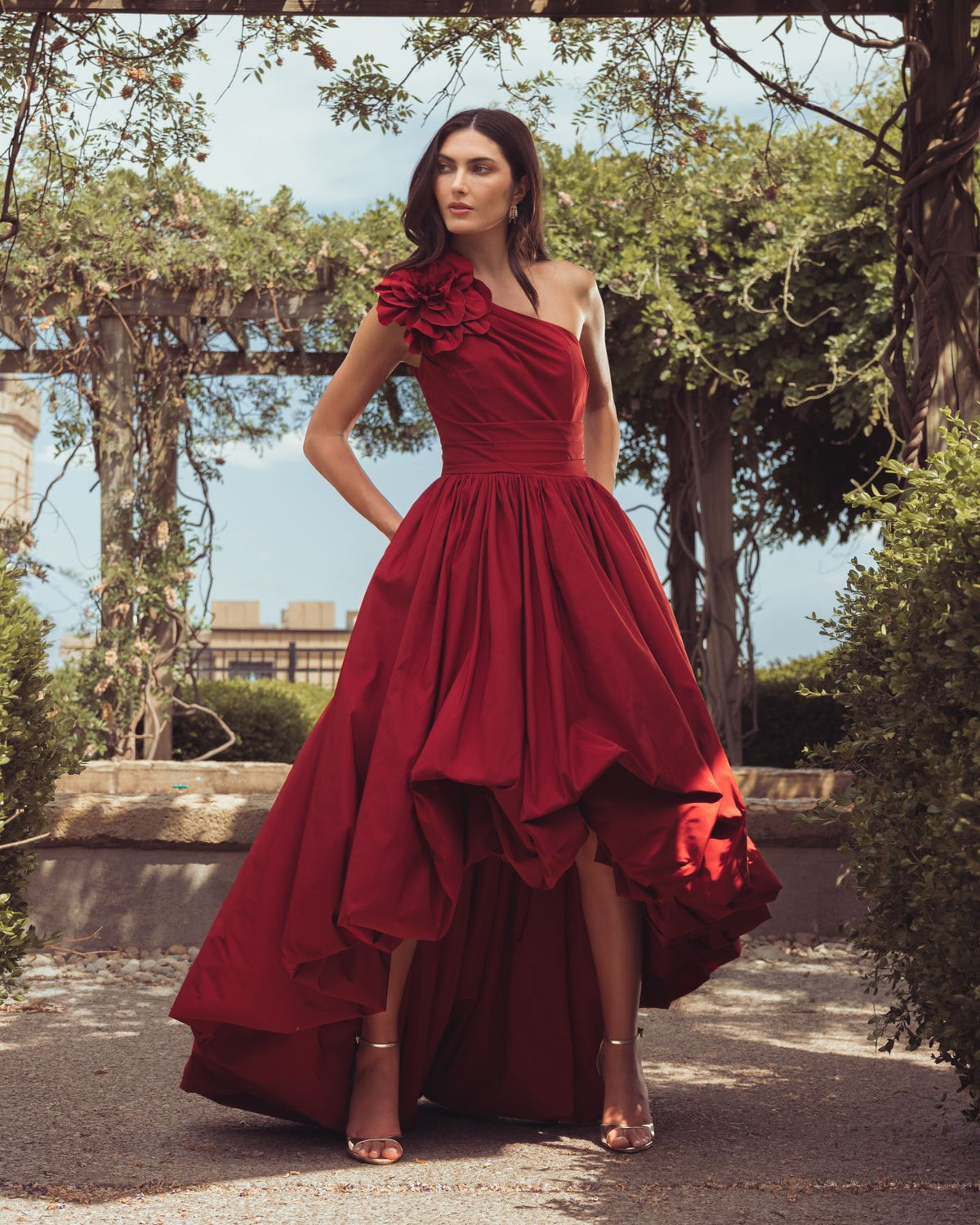 Ruby One Shoulder High Low Gown With 3D Flower - Mac Duggal