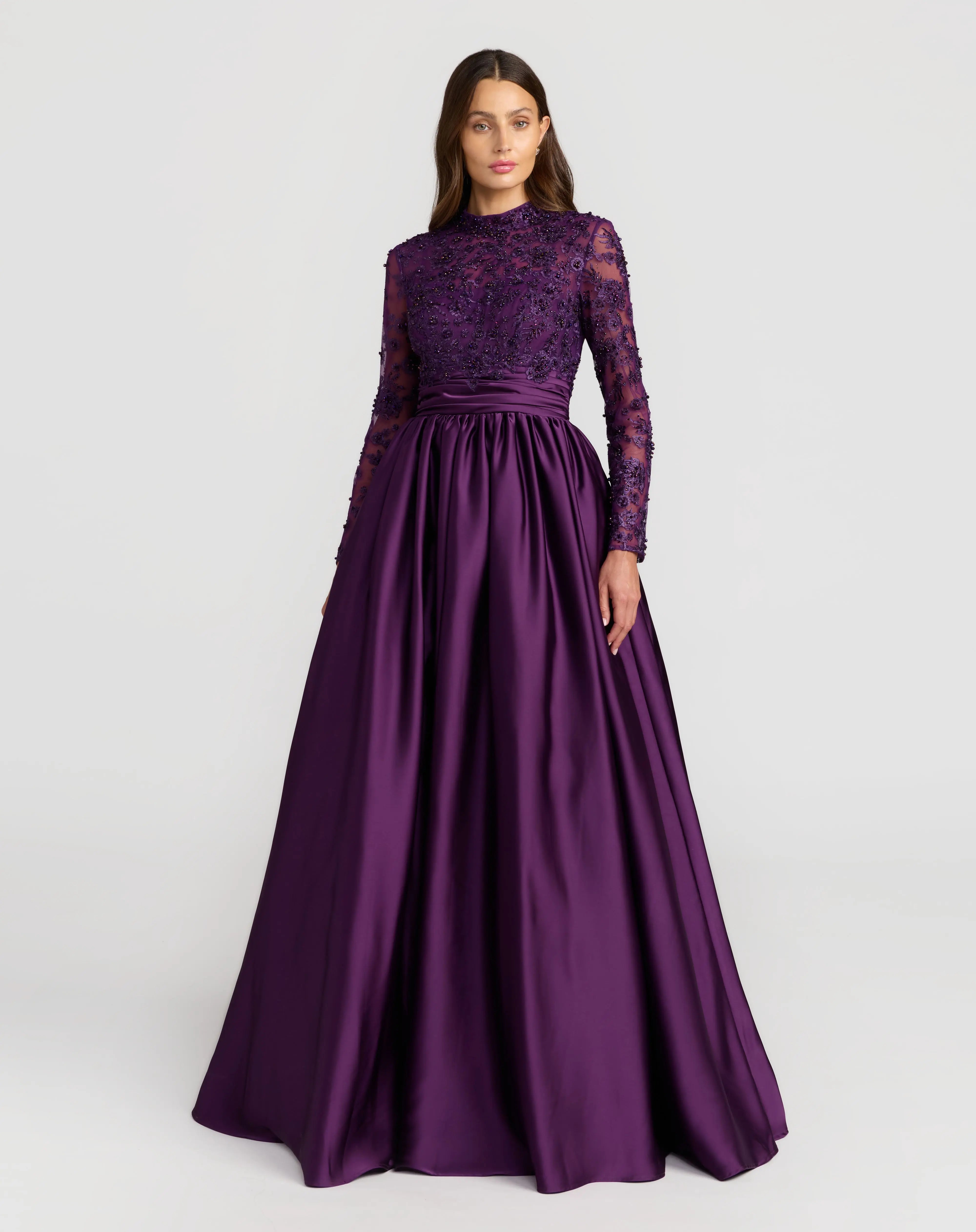 Purple Embroidered Long Sleeve Satin Ball Gown Mac Duggal