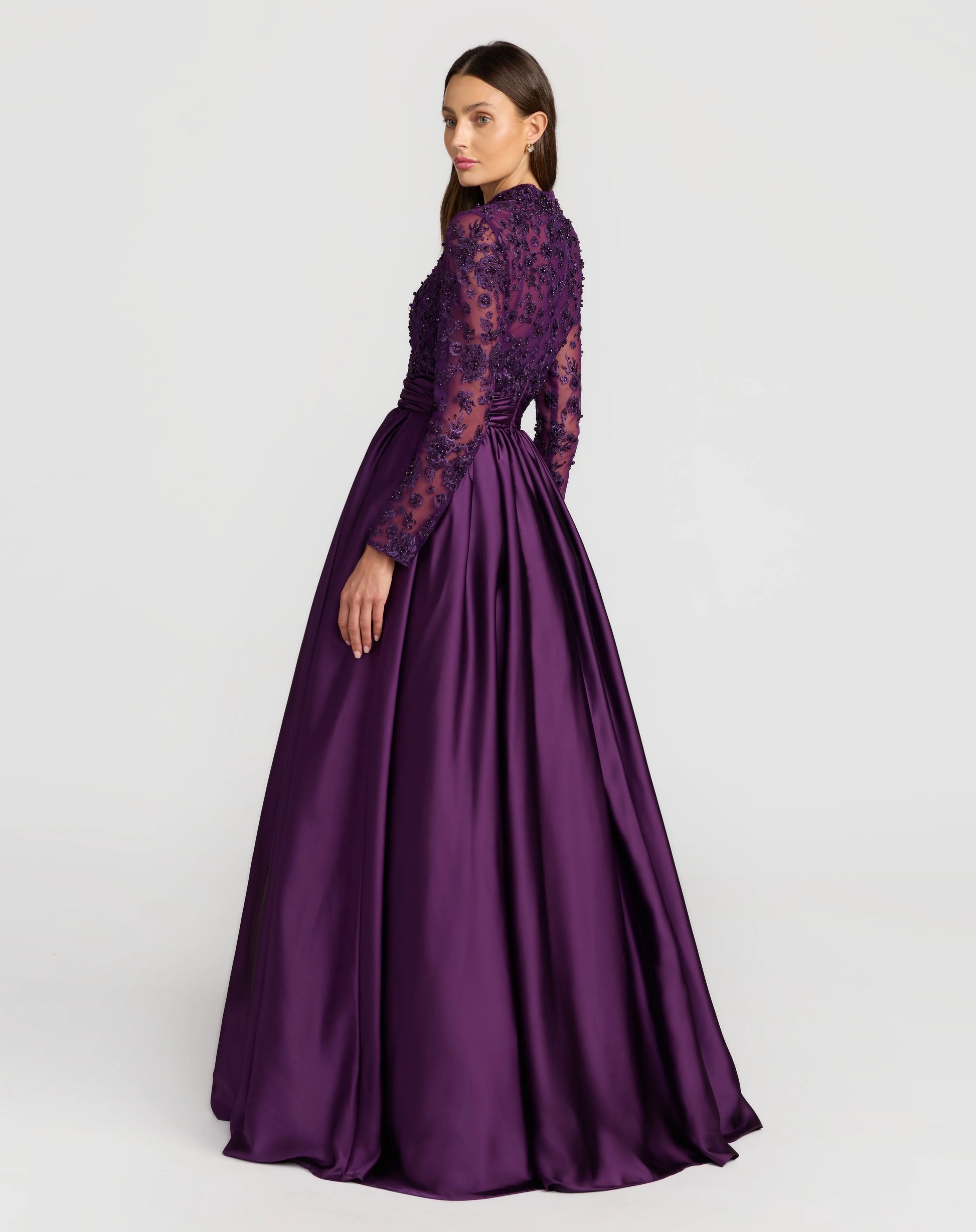Purple Embroidered Long Sleeve Satin Ball Gown | Mac Duggal Purple Embroidered Long Sleeve Satin Ball Gown | Mac Duggal