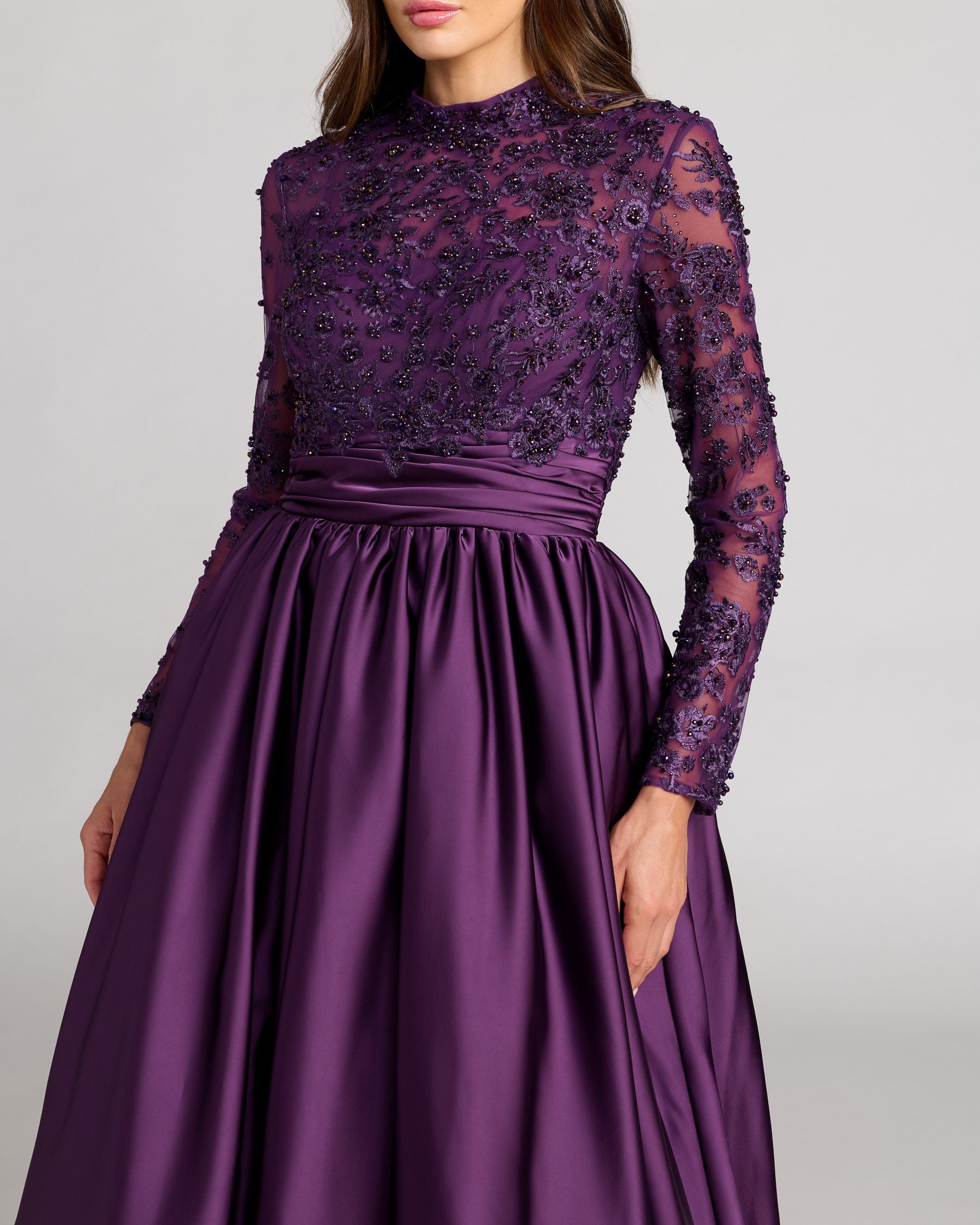 Purple Embroidered Long Sleeve Satin Ball Gown | Mac Duggal Purple Embroidered Long Sleeve Satin Ball Gown | Mac Duggal