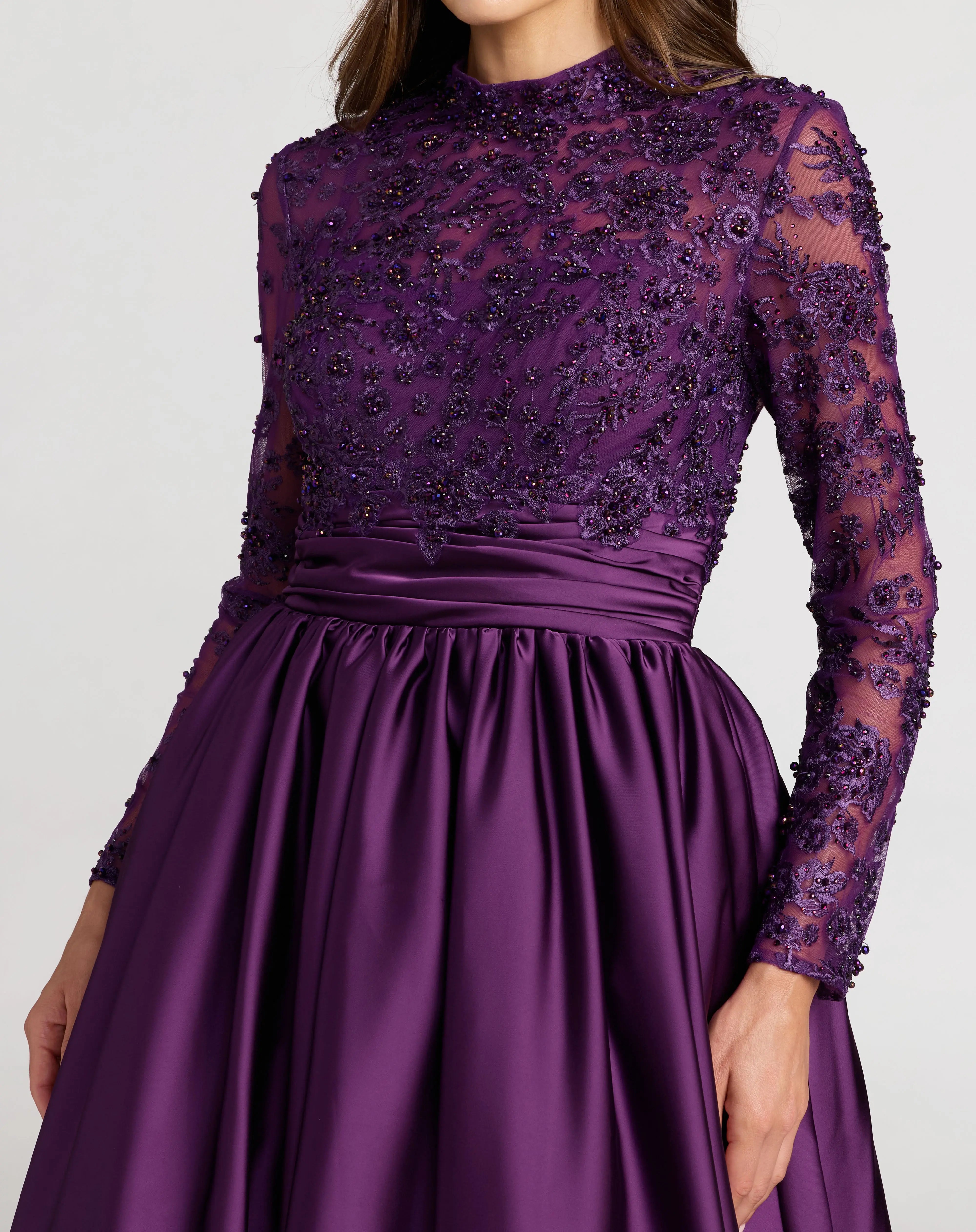 Purple Embroidered Long Sleeve Satin Ball Gown Mac Duggal
