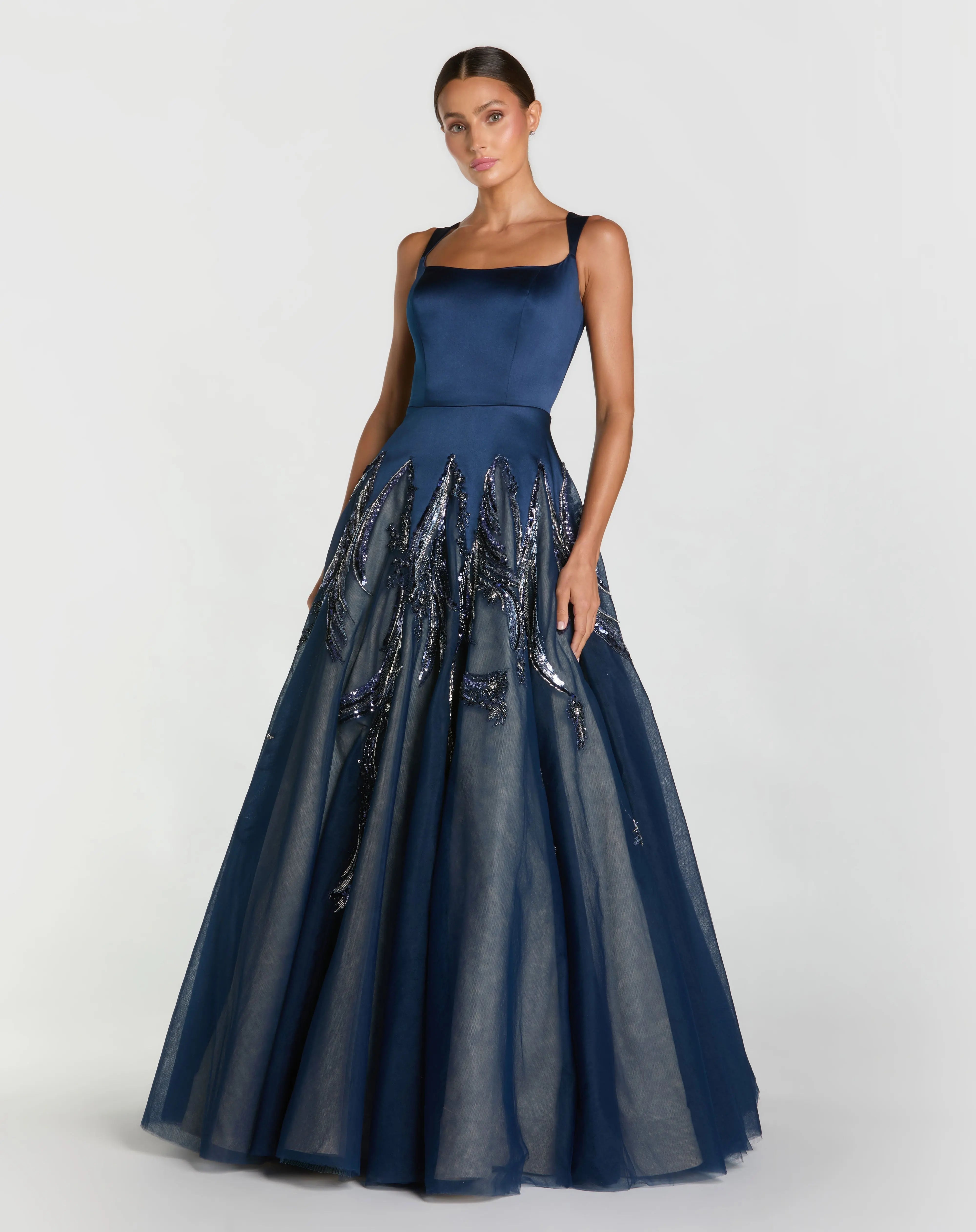 Navy Embellished Satin Ball Gown With Tulle Skirt Mac Duggal