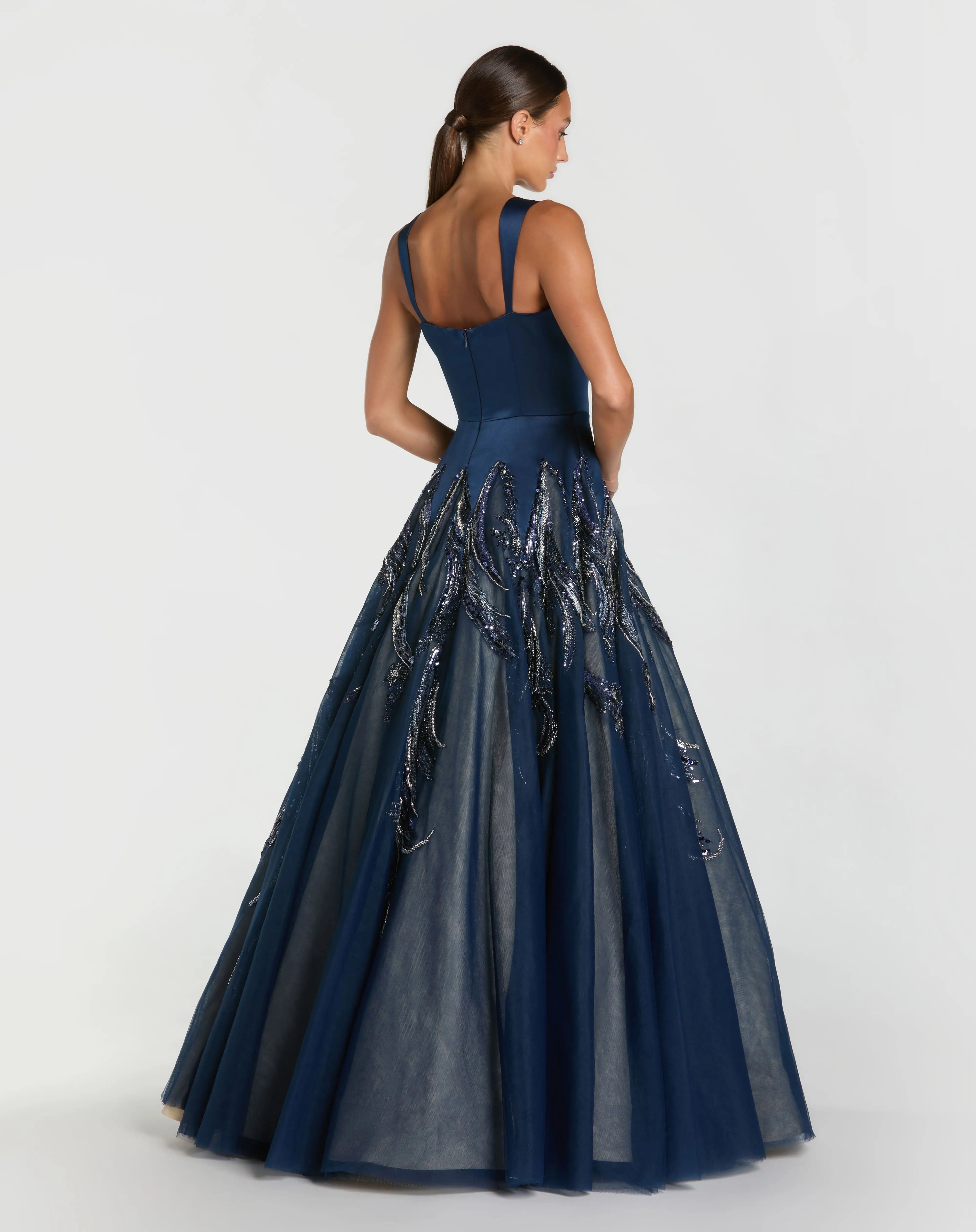 Navy Embellished Satin Ball Gown With Tulle Skirt Mac Duggal
