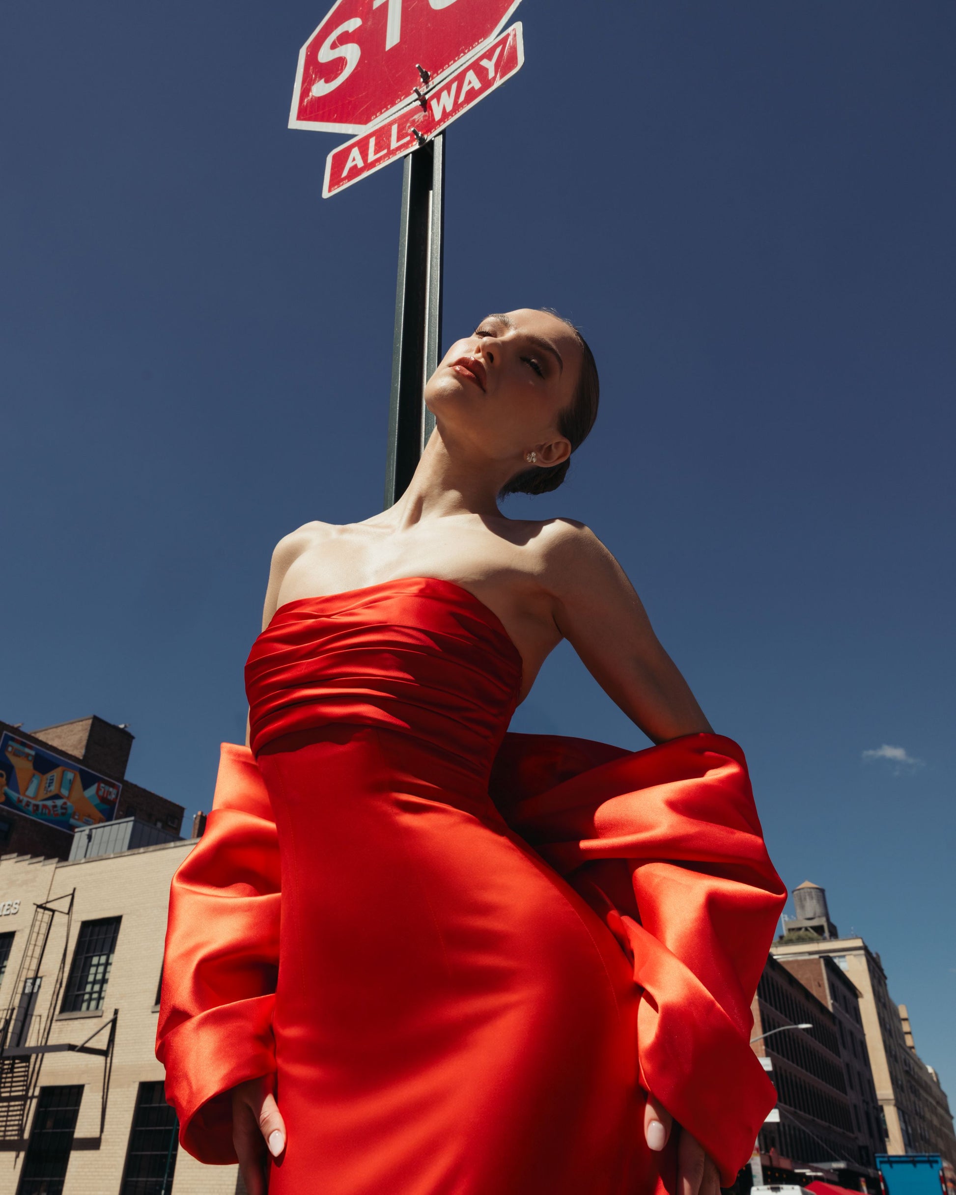 Red Satin Column Gown With Oversized Bow Ieena for Mac Duggal