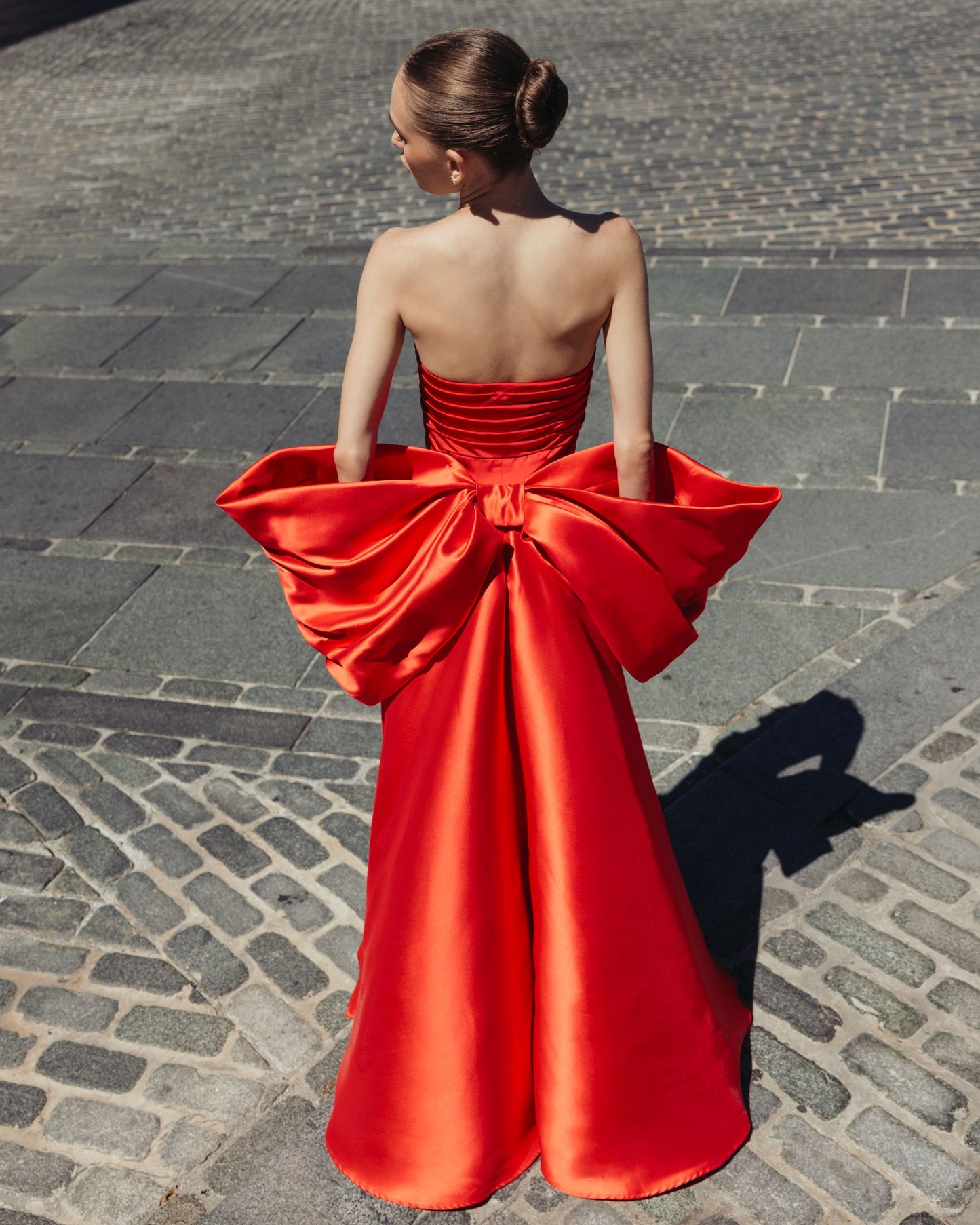 Red Satin Column Gown With Oversized Bow Ieena for Mac Duggal