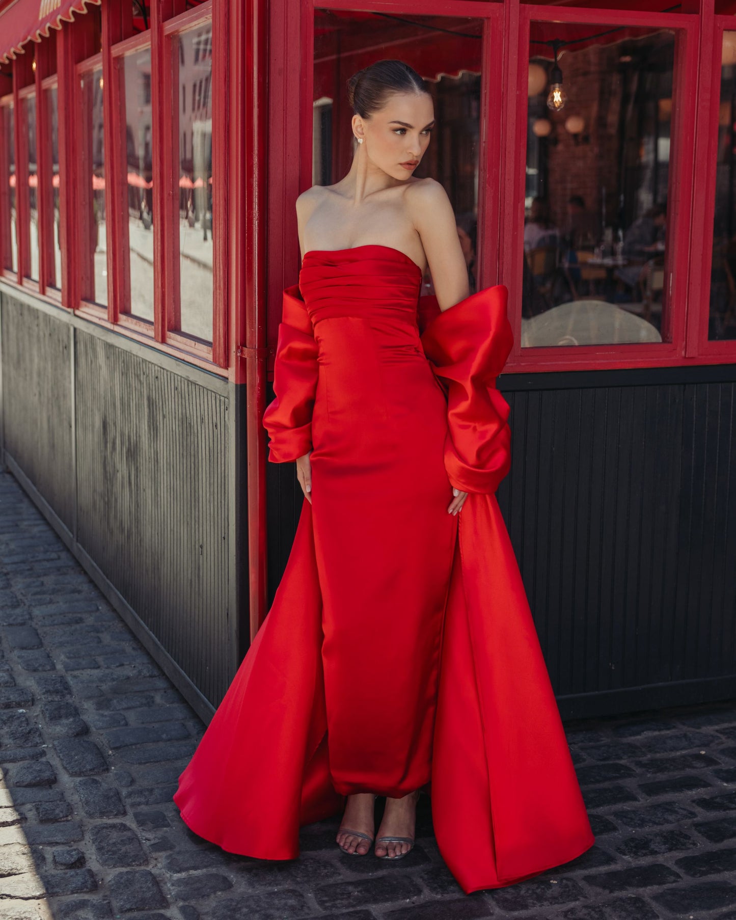 Red Satin Column Gown With Oversized Bow Ieena for Mac Duggal