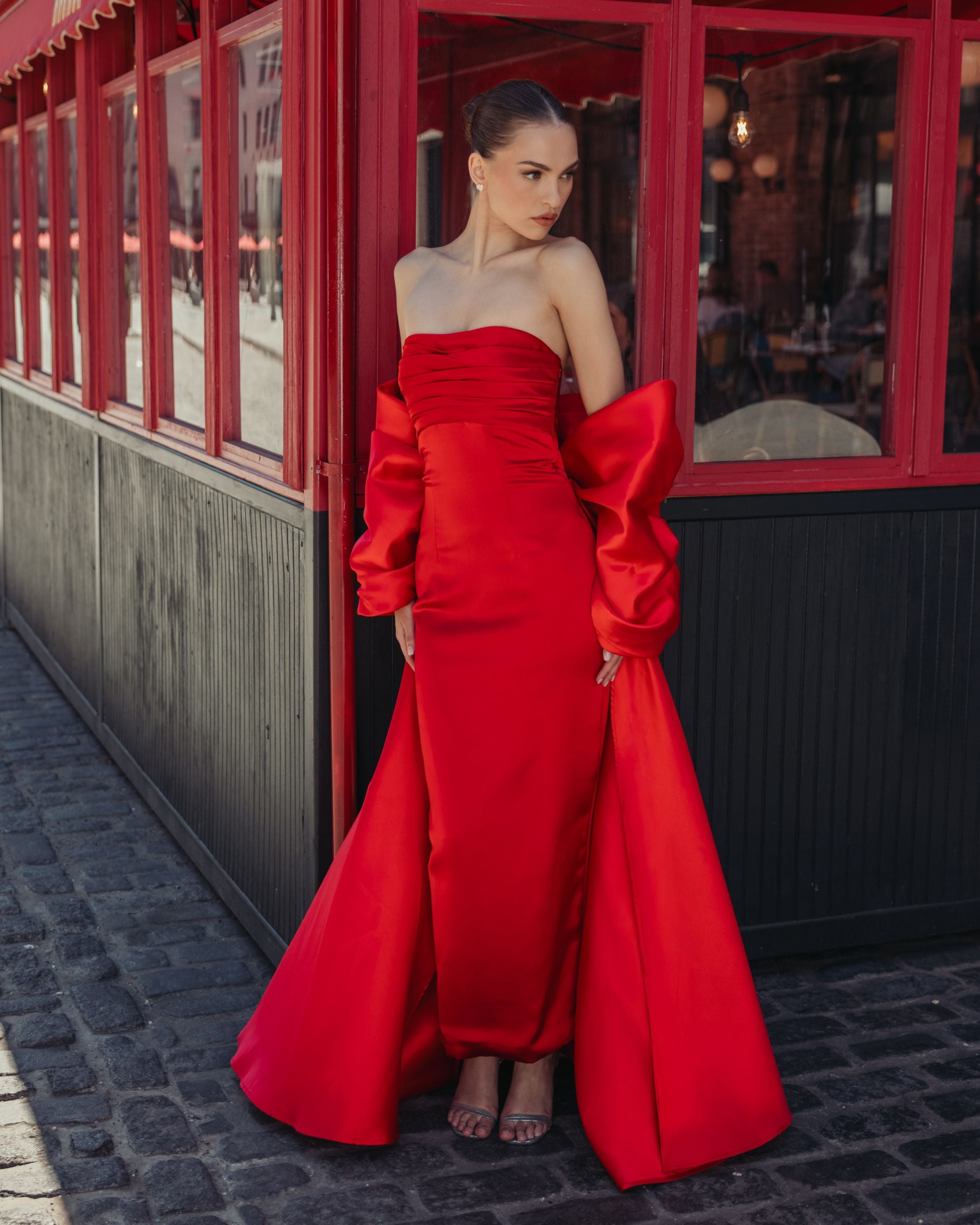 Red Satin Column Gown With Oversized Bow Ieena for Mac Duggal