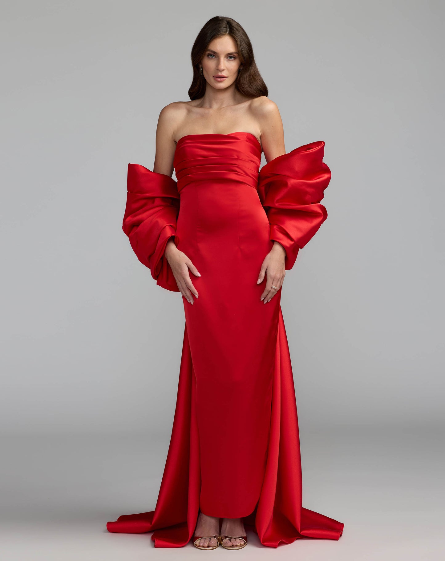Red Satin Column Gown With Oversized Bow Ieena for Mac Duggal