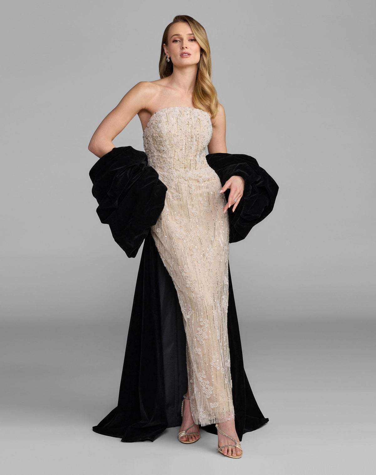 Black Cream Strapless Embellished Dress With Velvet Bow - Mac Duggal