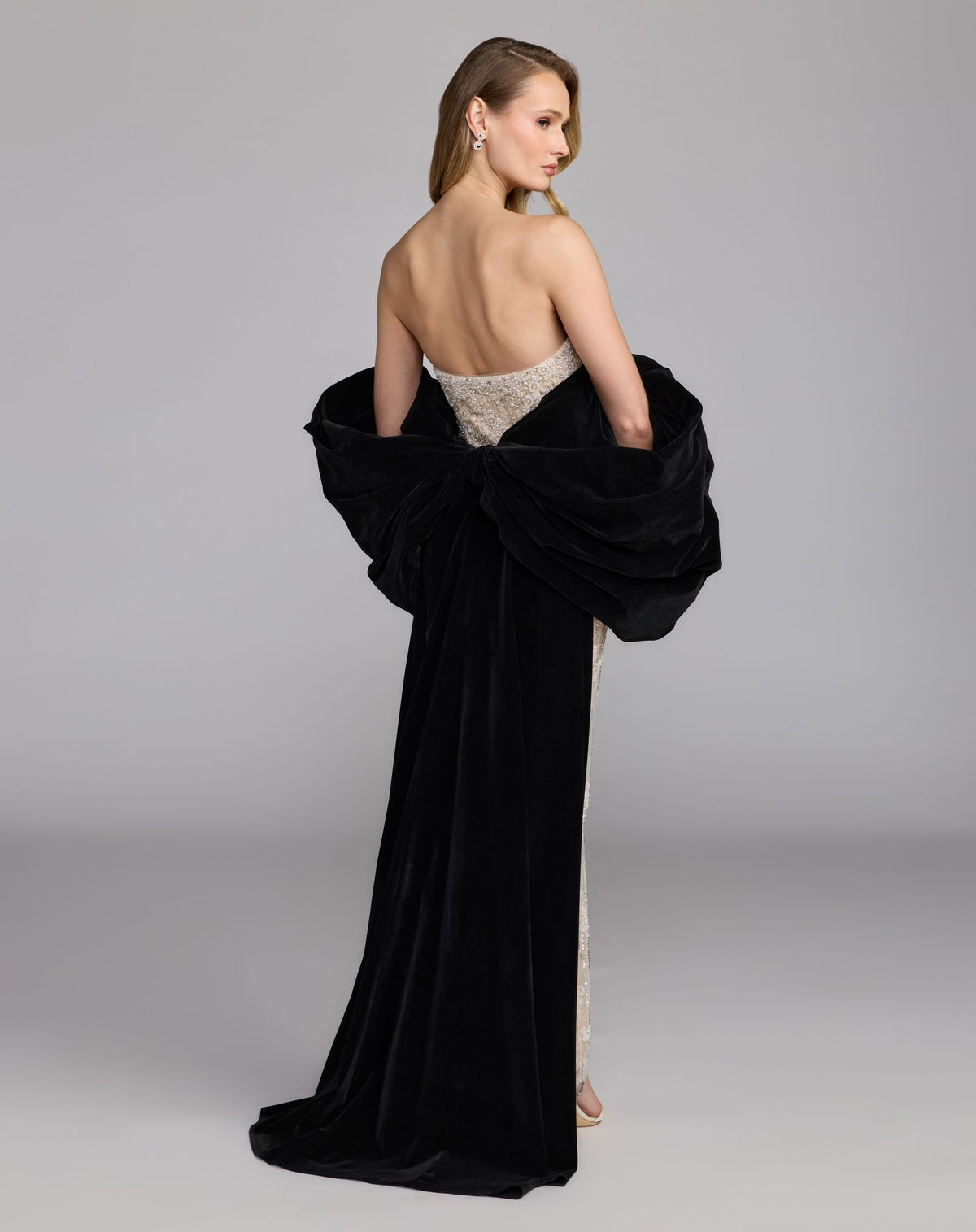 Black Cream Strapless Embellished Dress With Velvet Bow - Mac Duggal
