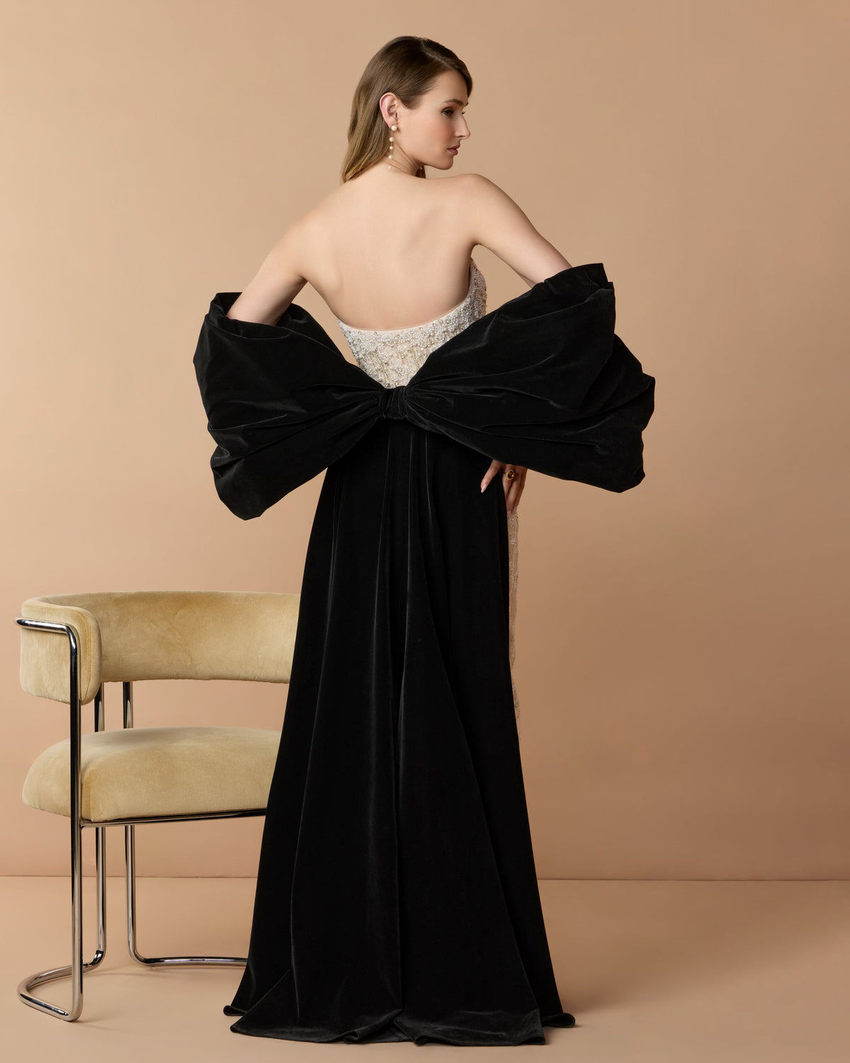 Black Cream Strapless Embellished Dress With Velvet Bow - Mac Duggal