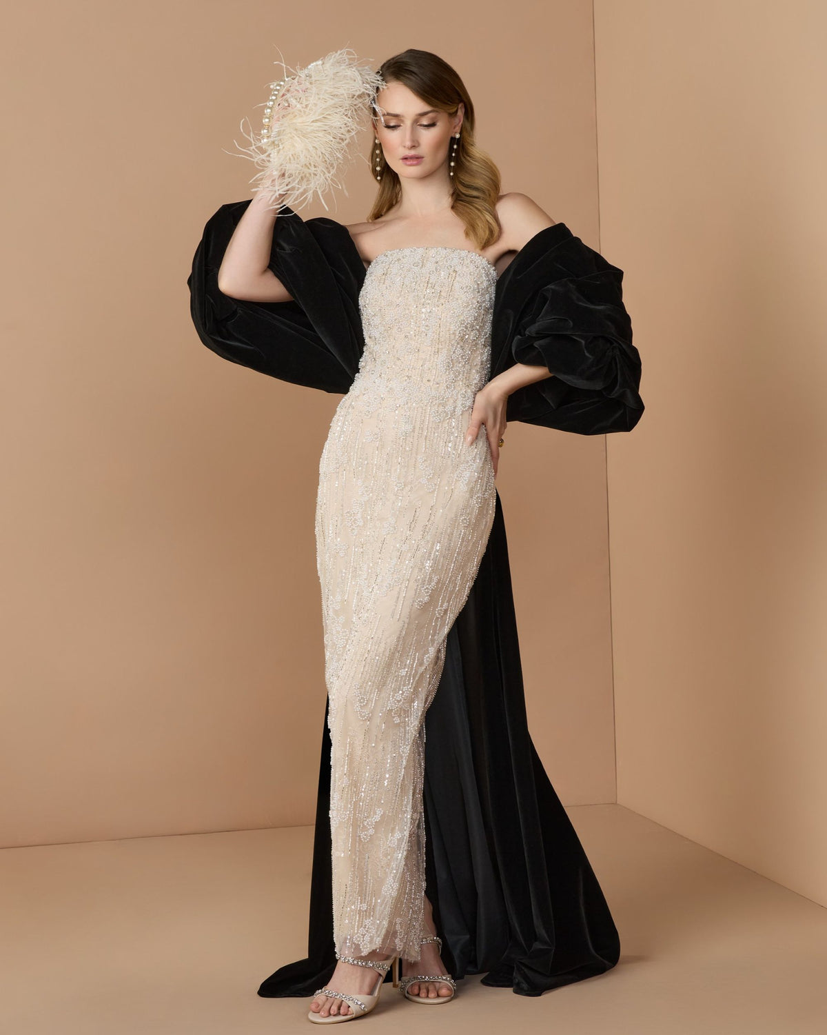 Black Cream Strapless Embellished Dress With Velvet Bow - Mac Duggal