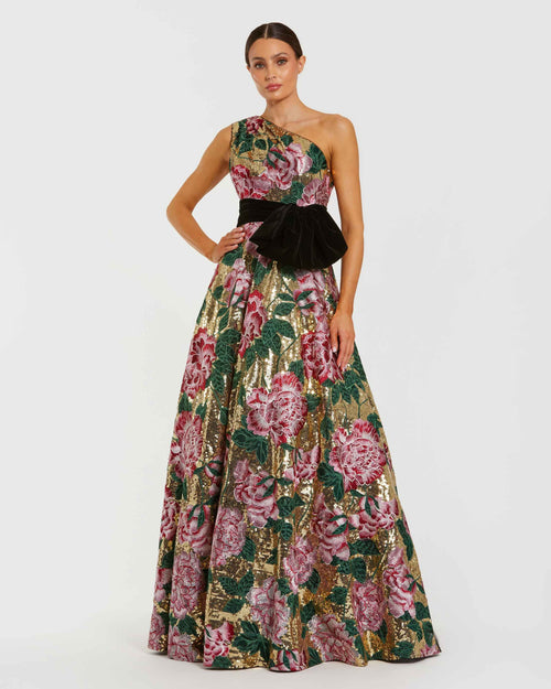 Multicolor One Shoulder Sequin Ballgown With Velvet Bow - Mac Duggal