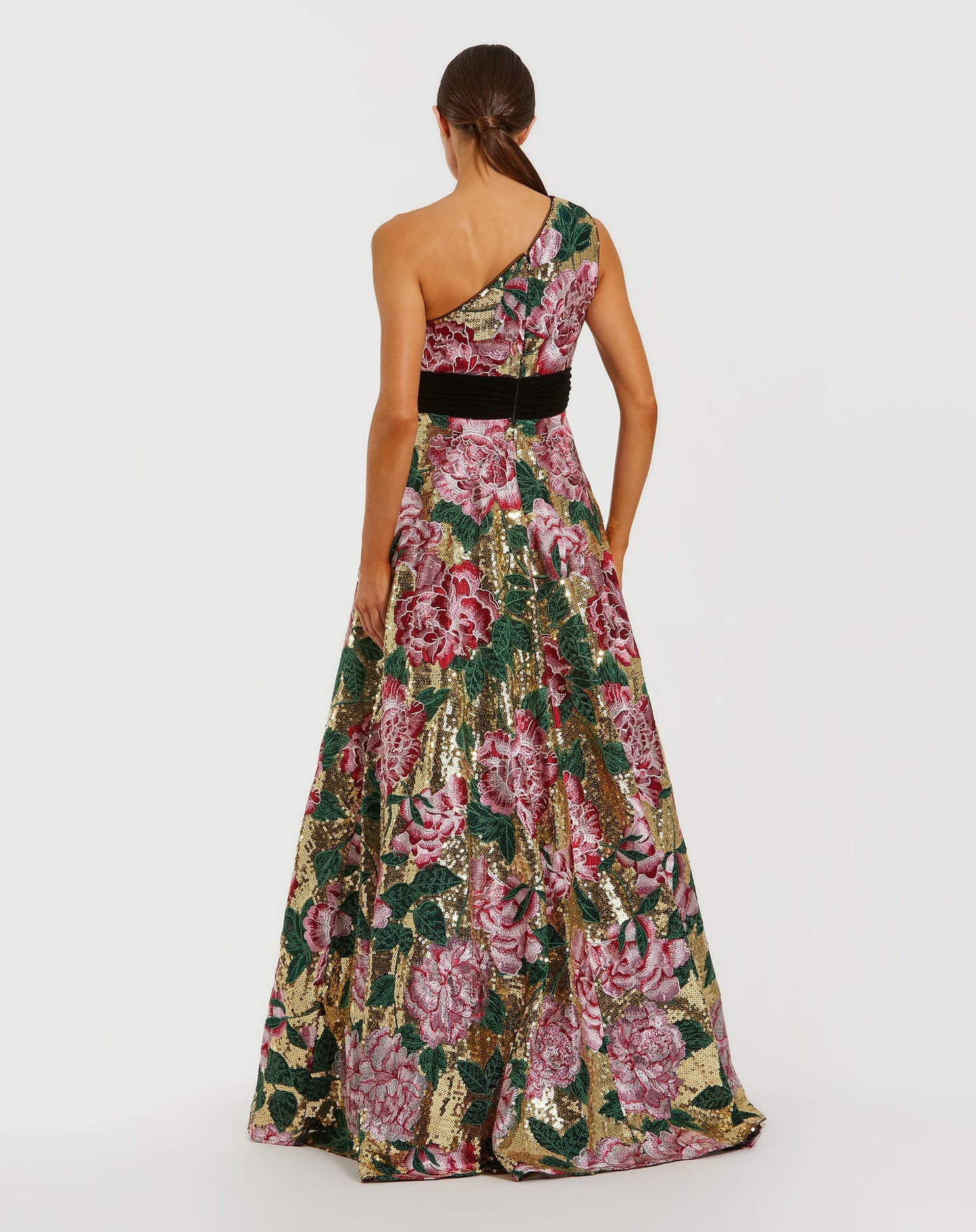 Multicolor One Shoulder Sequin Ballgown With Velvet Bow - Mac Duggal