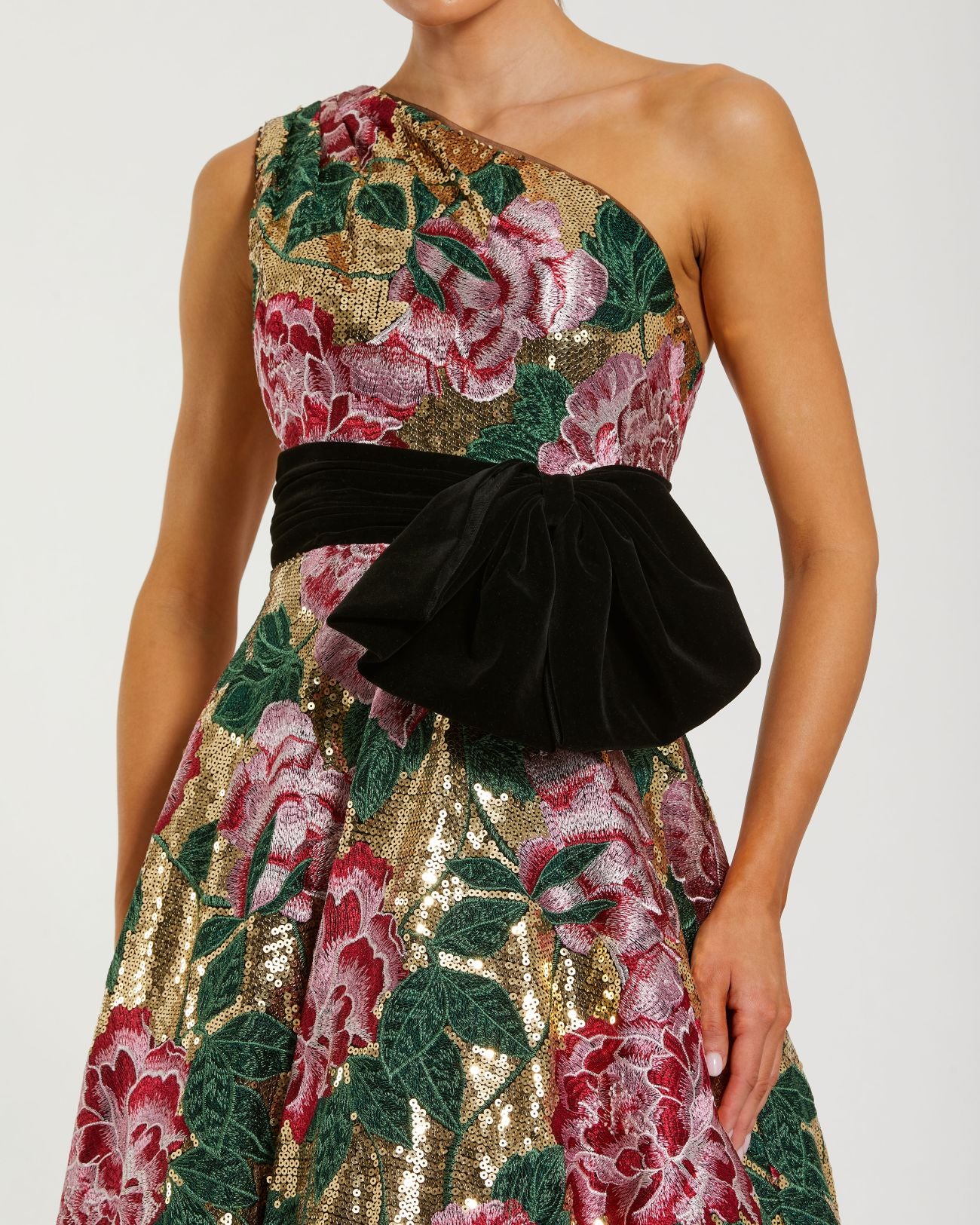 Multicolor One Shoulder Sequin Ball Gown With Velvet Bow Mac Duggal