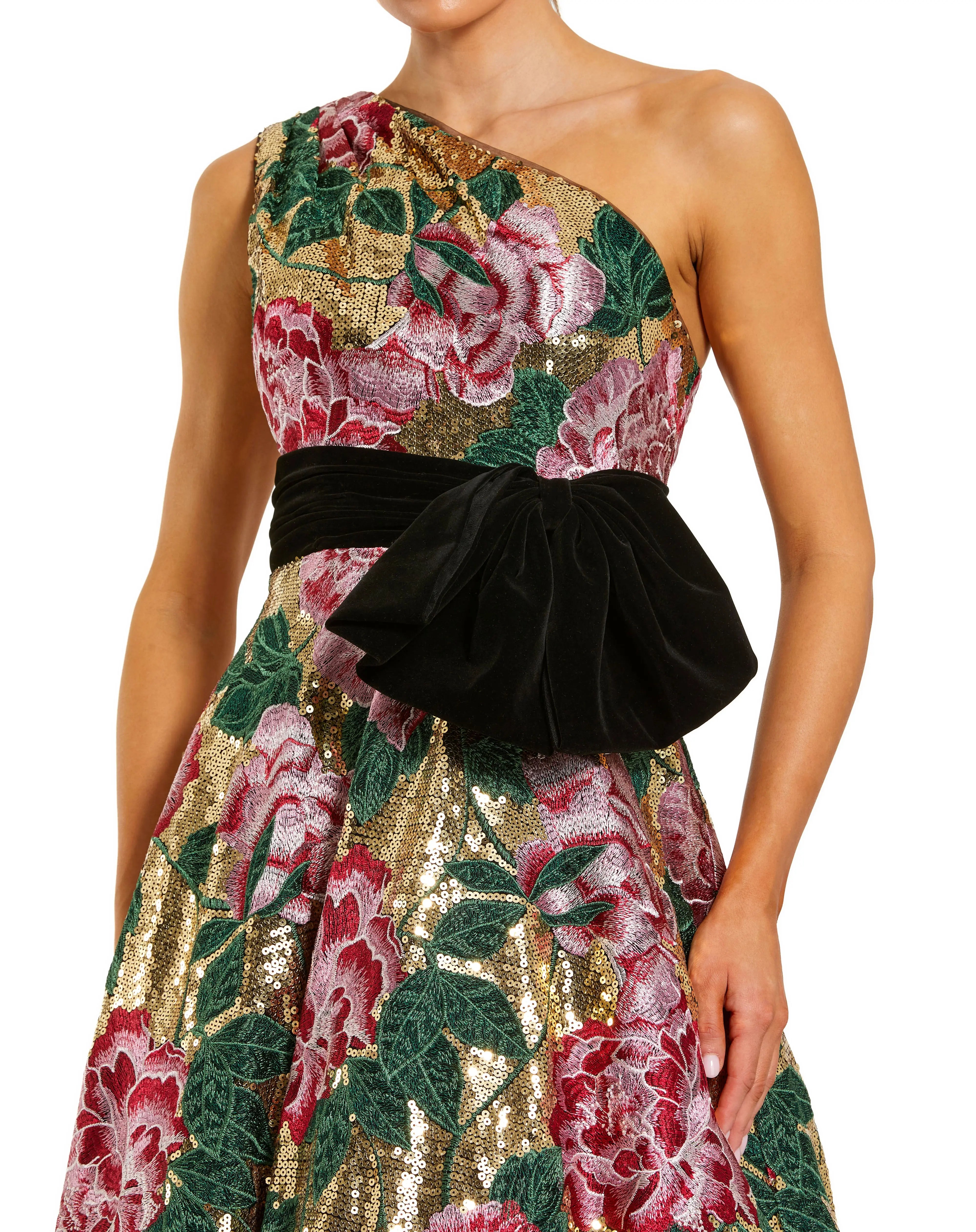 Multicolor One Shoulder Sequin Ball Gown With Velvet Bow Mac Duggal