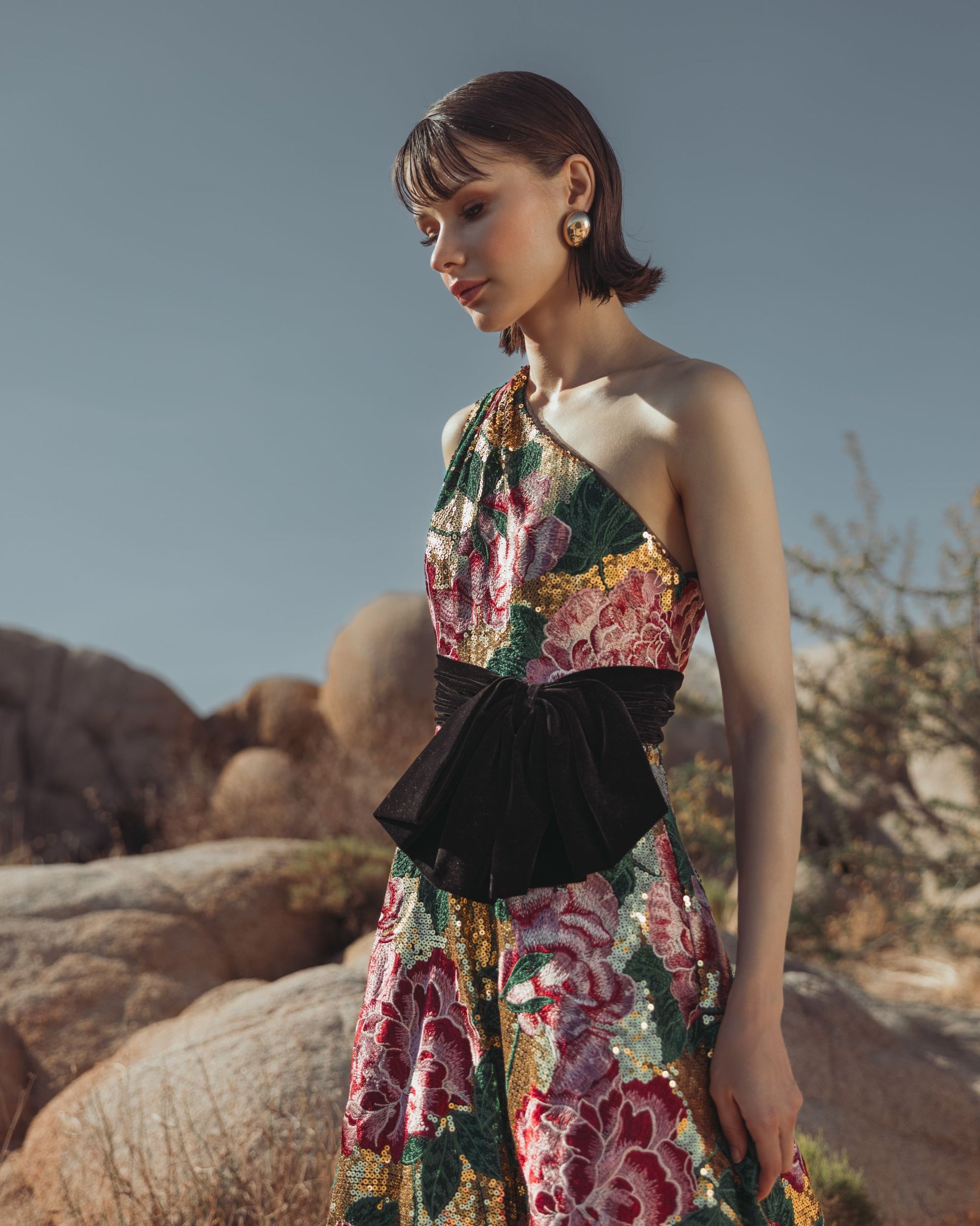 Multicolor One Shoulder Sequin Ballgown With Velvet Bow - Mac Duggal