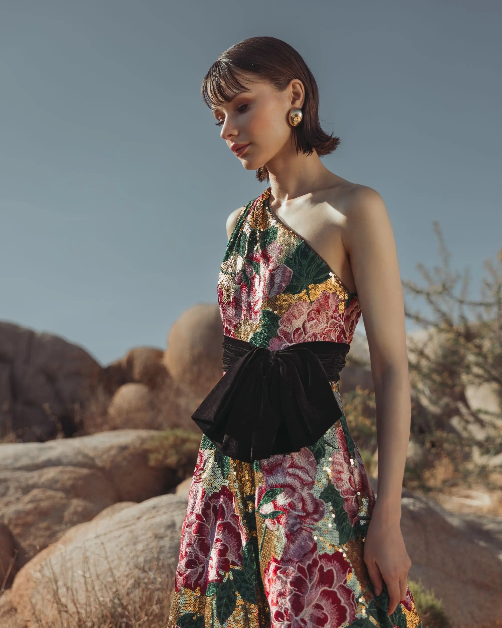 Multicolor One Shoulder Sequin Ballgown With Velvet Bow - Mac Duggal