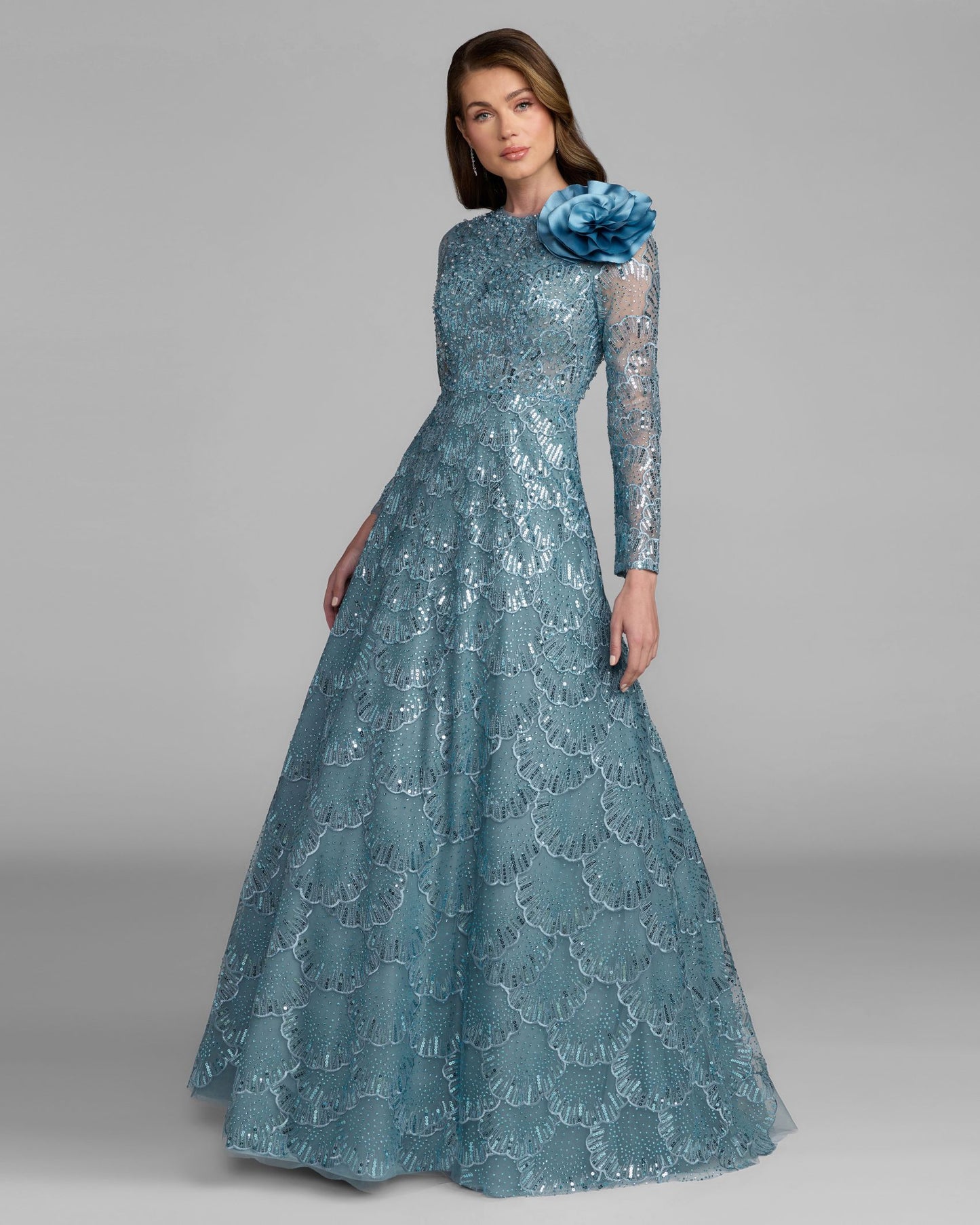 Blue Embellished Floral Appliqué Ball Gown Mac Duggal