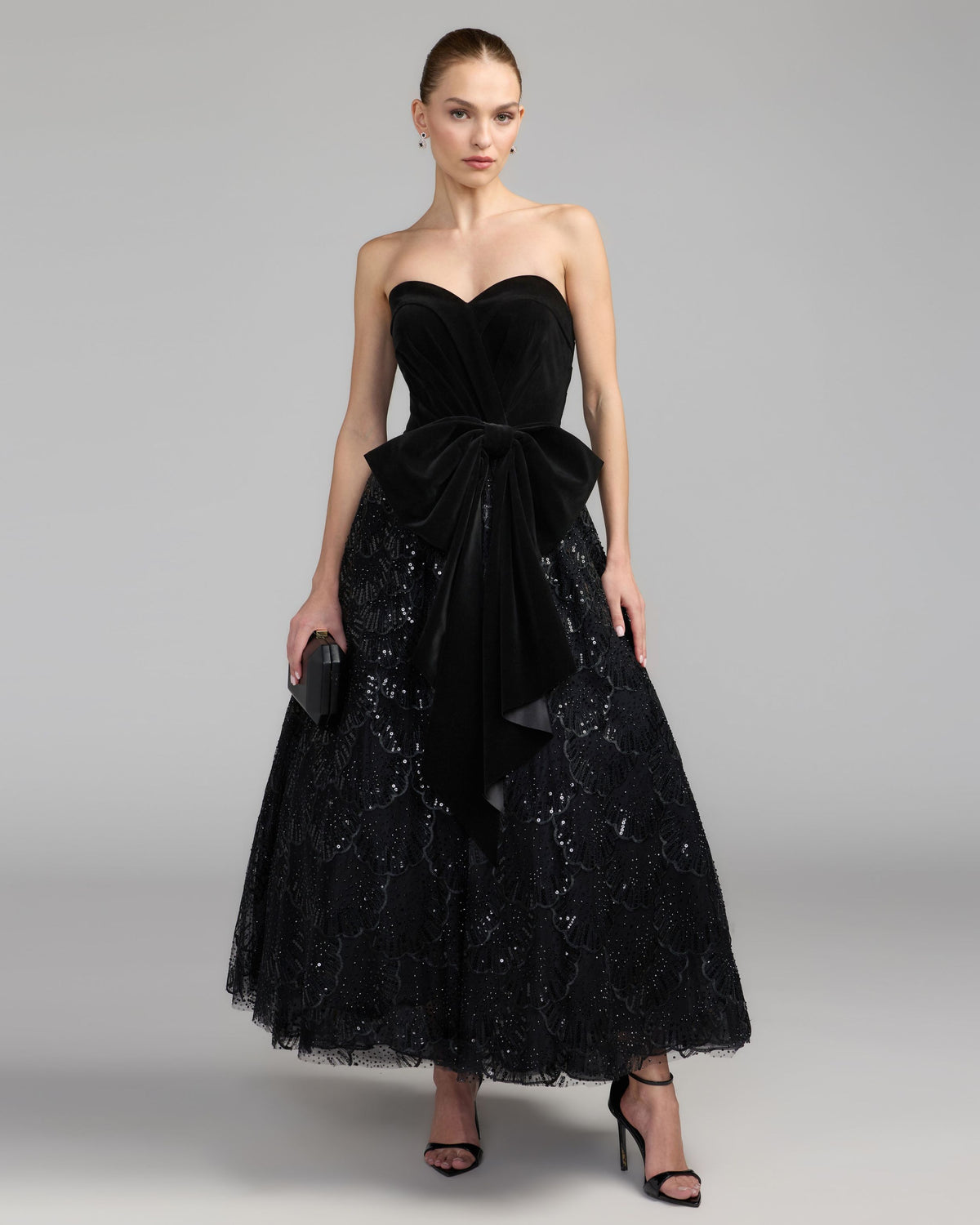 Black Velvet Bow Sequin Strapless A-Line Gown - Mac Duggal