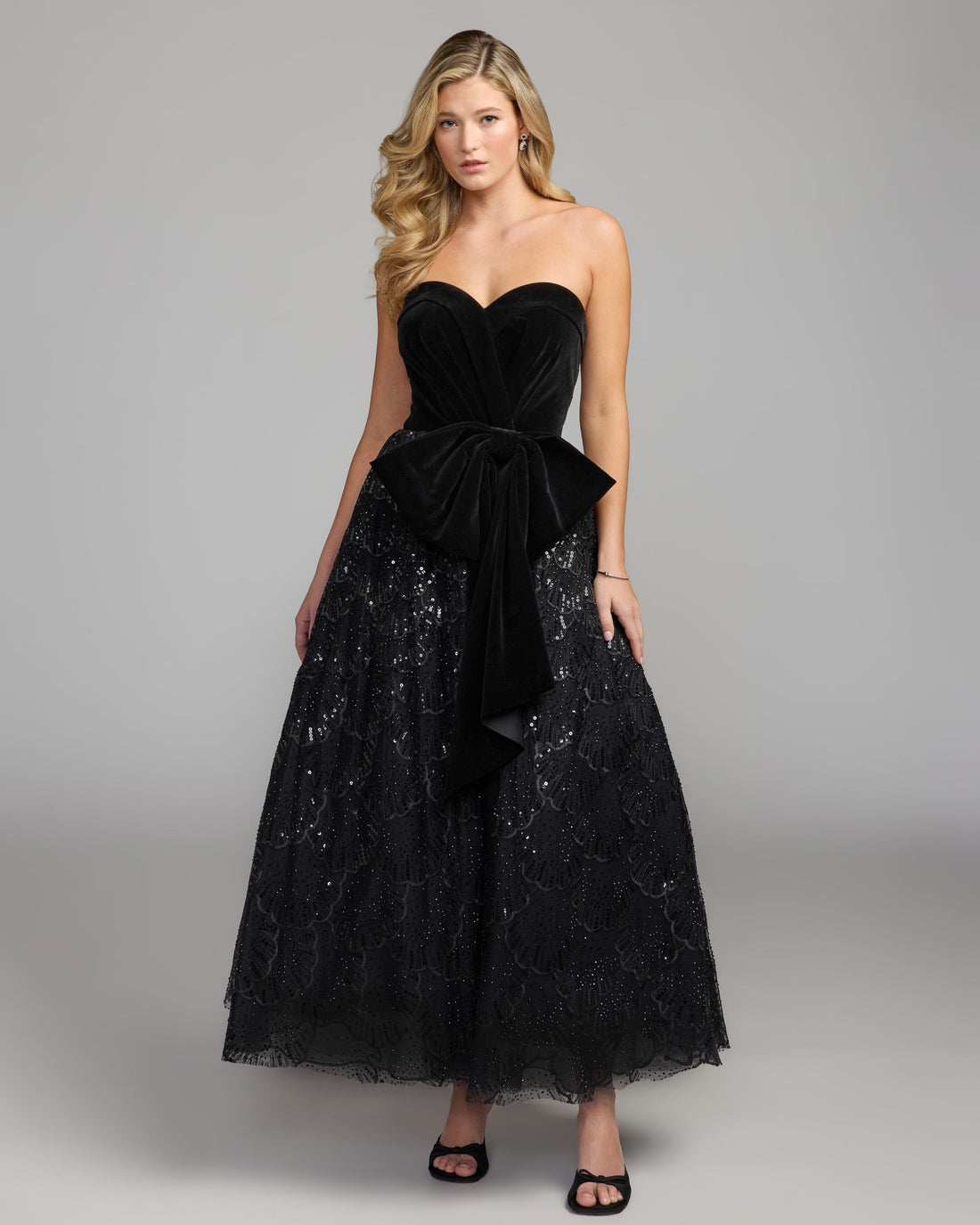 Black Velvet Bow Sequin Strapless A-Line Gown - Mac Duggal