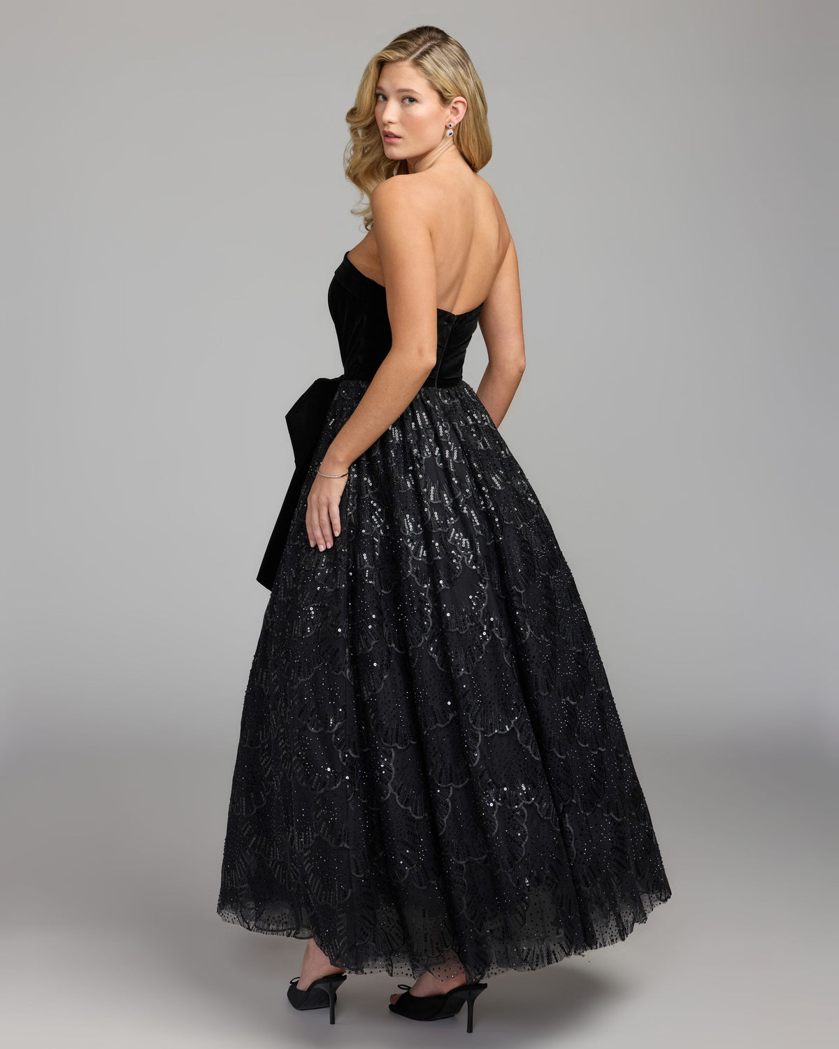 Black Velvet Bow Sequin Strapless A-Line Gown - Mac Duggal