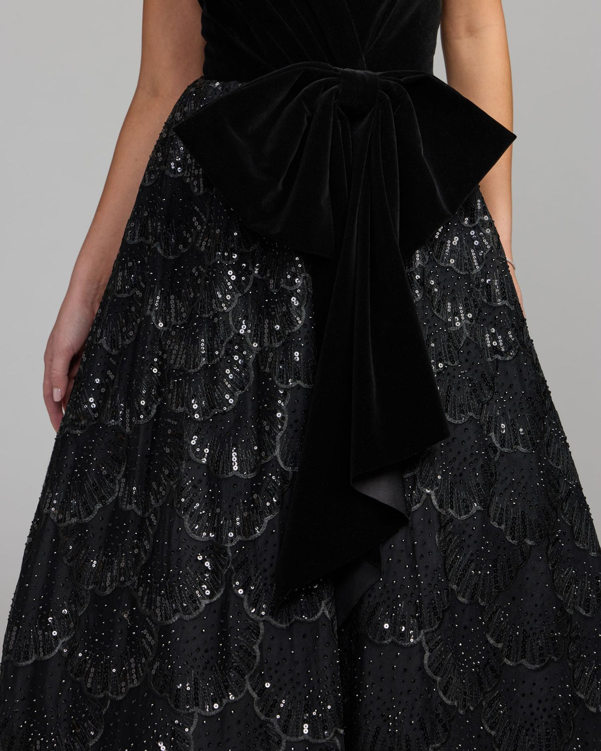 Black Velvet Bow Sequin Strapless A-Line Gown - Mac Duggal