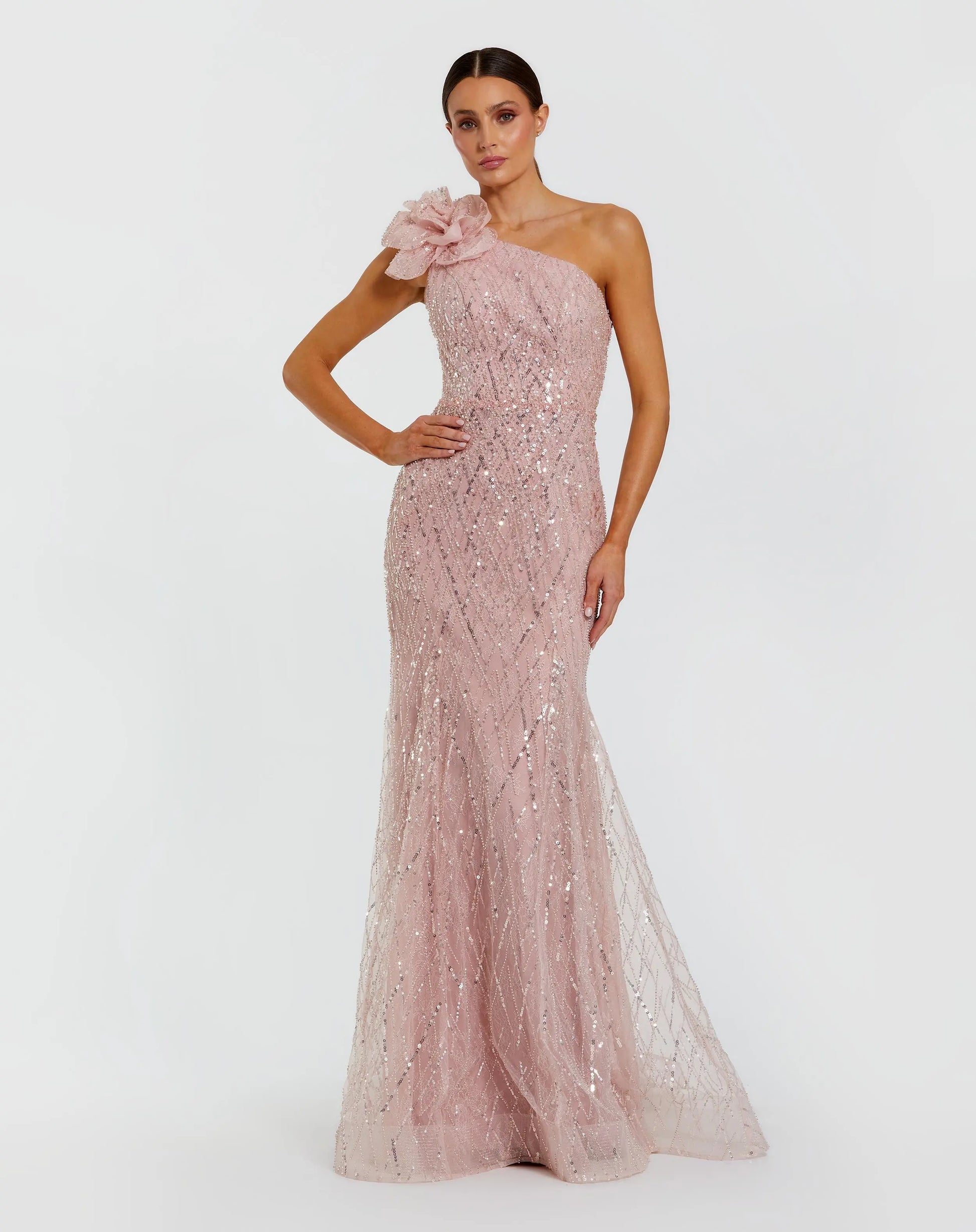 mac duggal off the shoulder beaded chiffon midi dress Black One Shoulder Pearl Beaded Midi Ball Gown