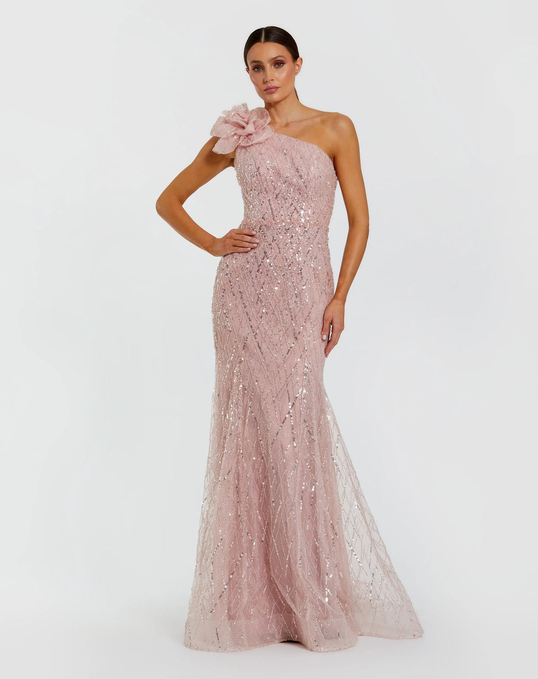 Pink One Shoulder Beaded Mermaid Gown With 3D Flower