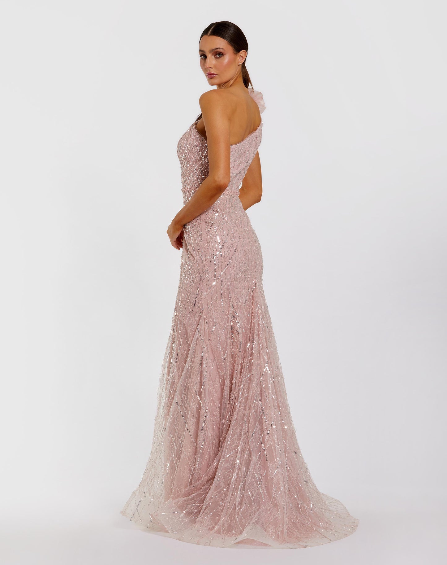 Pink One Shoulder Beaded Mermaid Gown With 3D Flower Mac Duggal