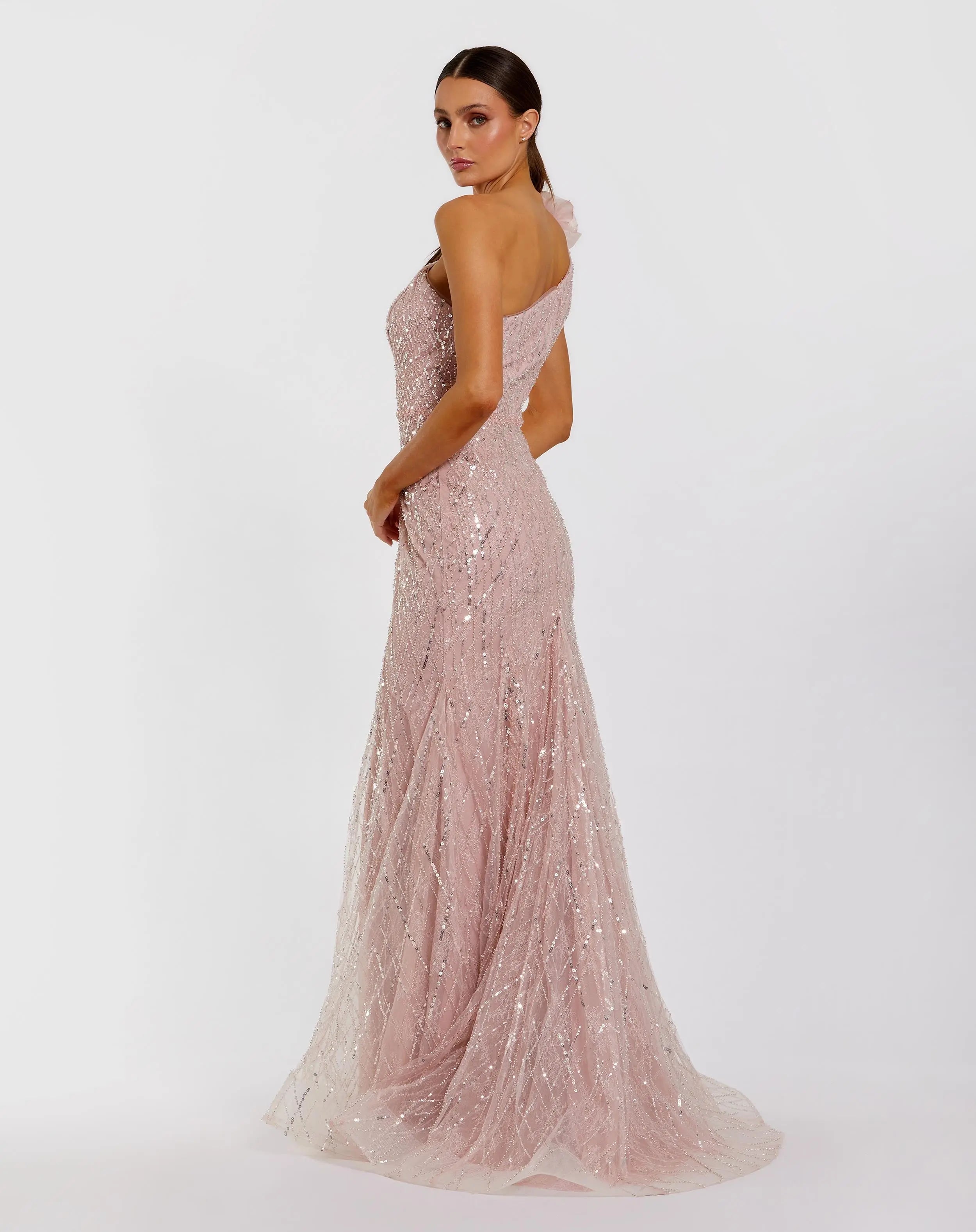 Pink One Shoulder Beaded Mermaid Gown With 3D Flower Mac Duggal