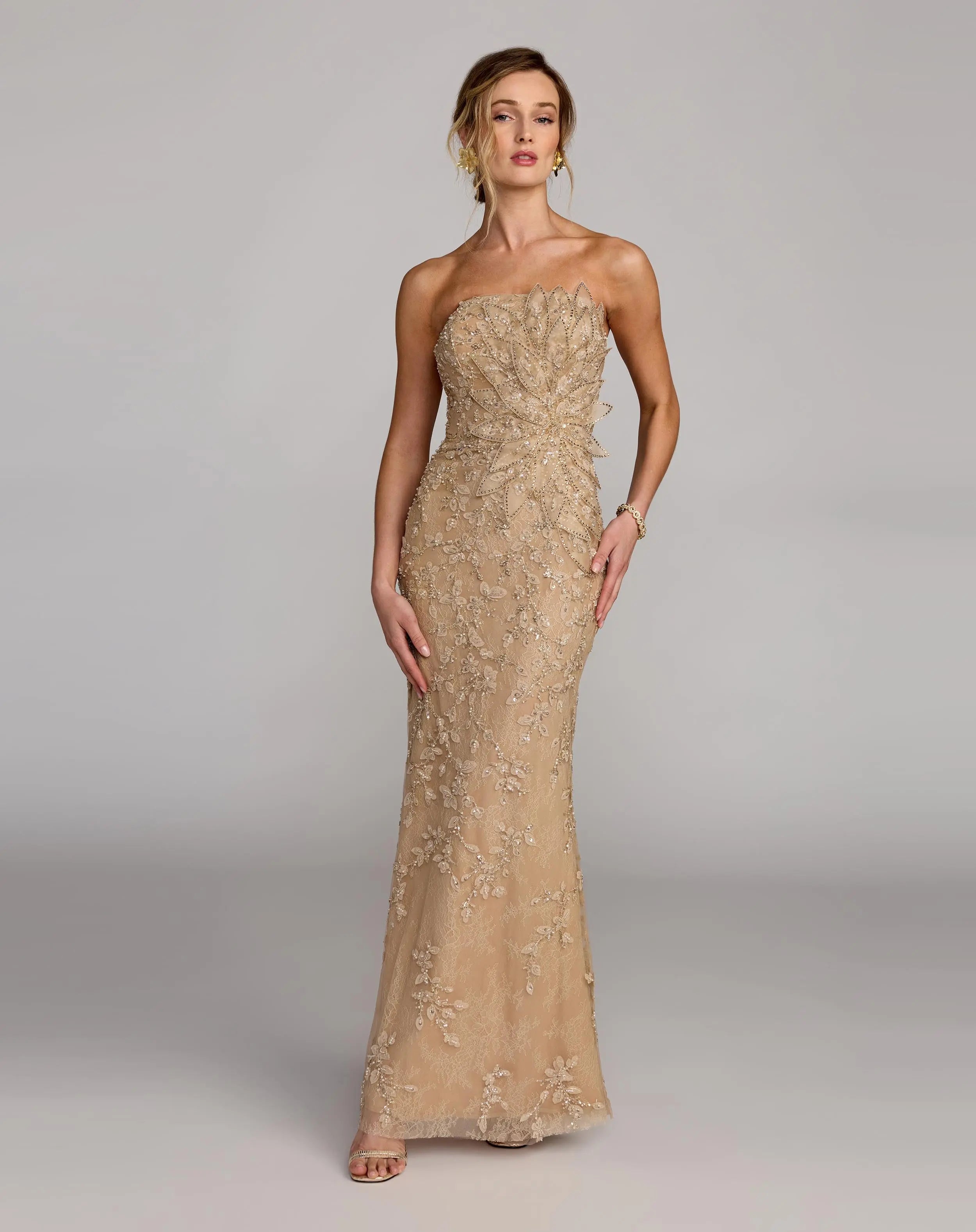 Beige Strapless Embellished Lace Gown With 3D Flower - Mac Duggal