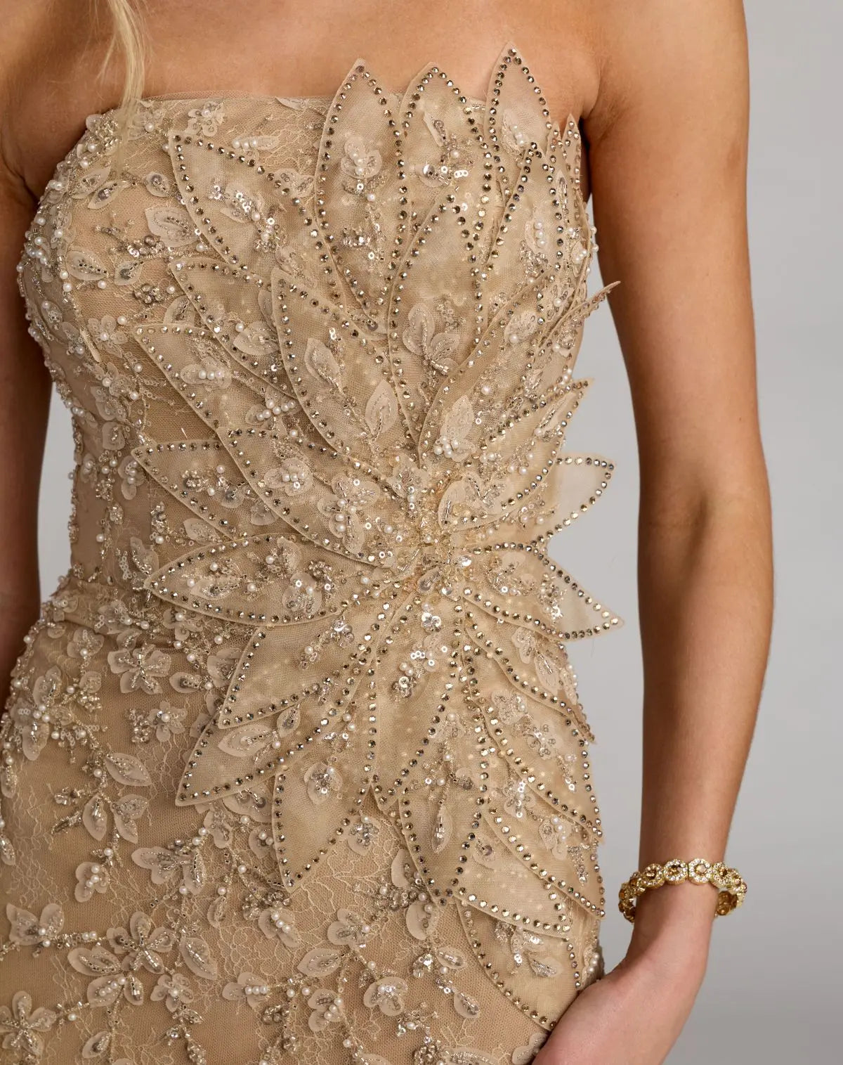 Beige Strapless Embellished Lace Gown With 3D Flower - Mac Duggal