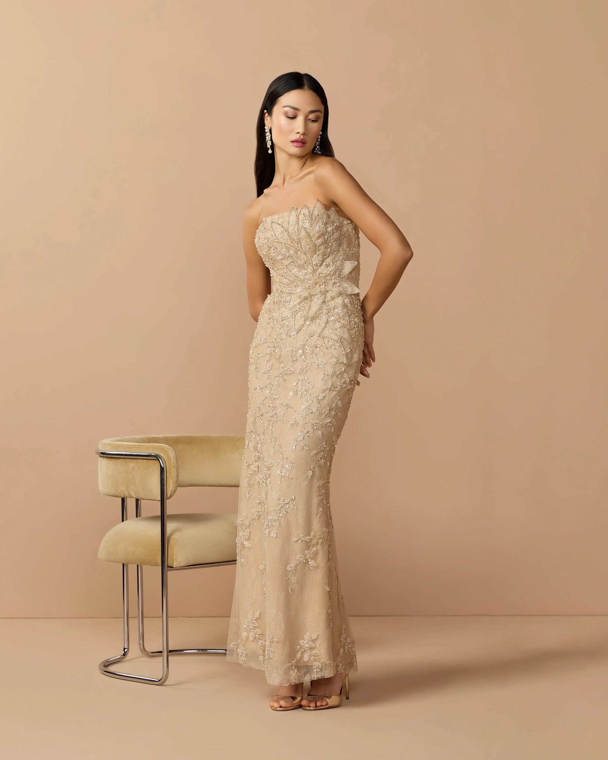 Beige Strapless Embellished Lace Gown with 3D Flower Mac Duggal