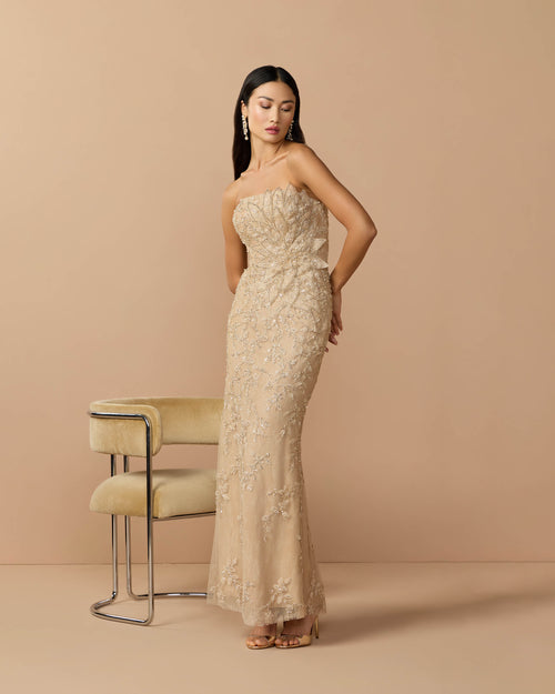 Beige Strapless Embellished Lace Gown with 3D Flower Mac Duggal