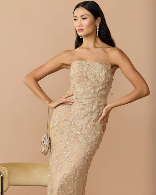 Beige Strapless Embellished Lace Gown with 3D Flower Mac Duggal