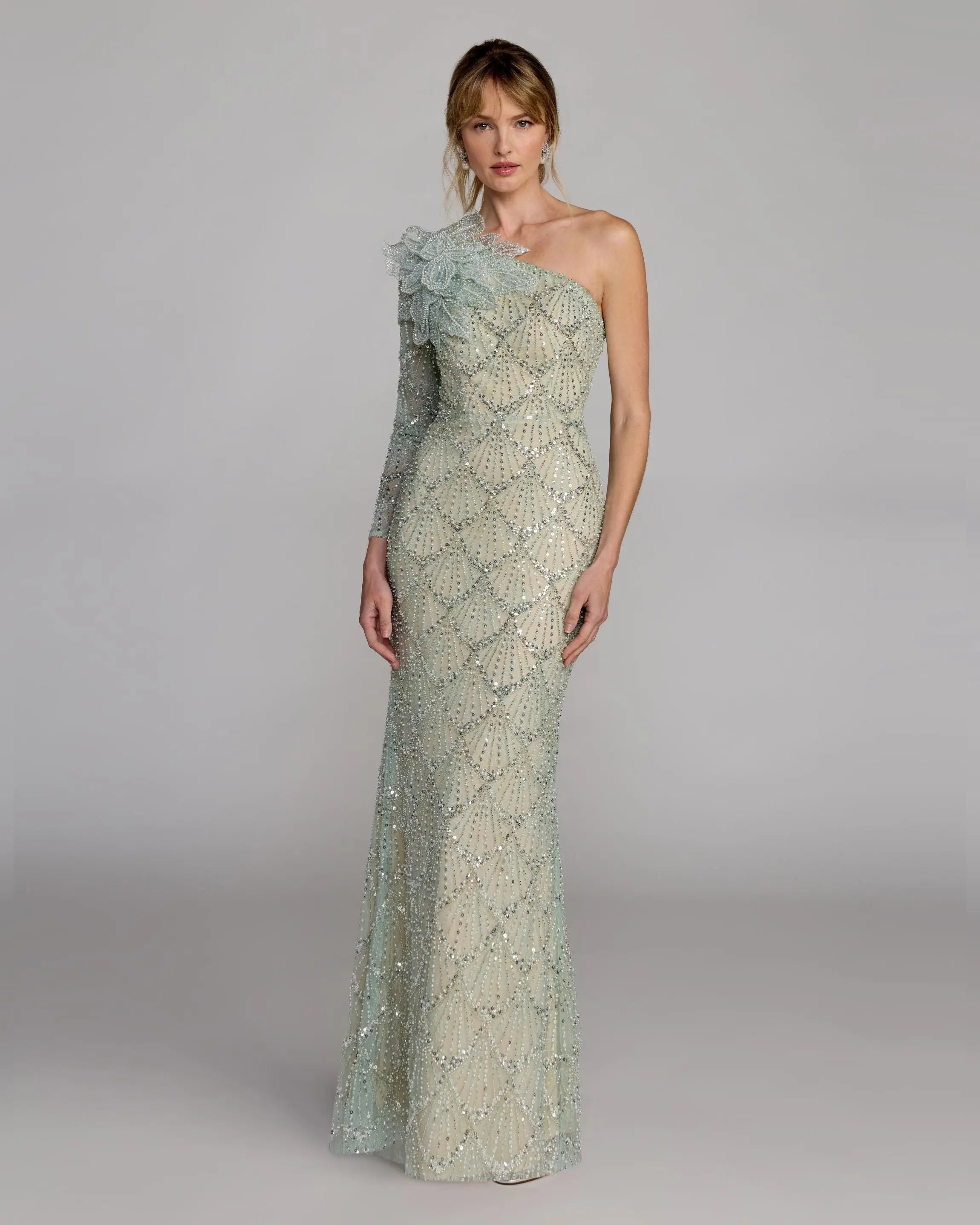 Green One Shoulder Embellished Gown With Floral Accent - Mac Duggal